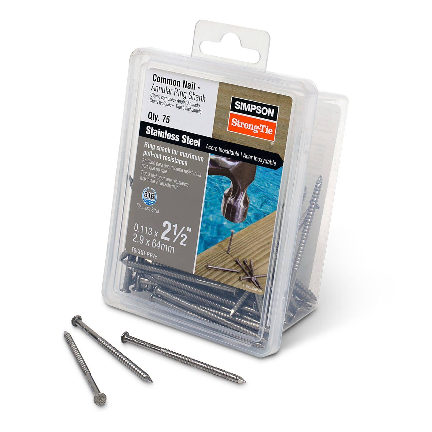 Simpson Strong-Tie T8CRD-RP75 Cedar and Redwood Decking Nail,  2-1/2-in. x .113-in. Type 316 Stainless Steel, 75-Pack - Image 2