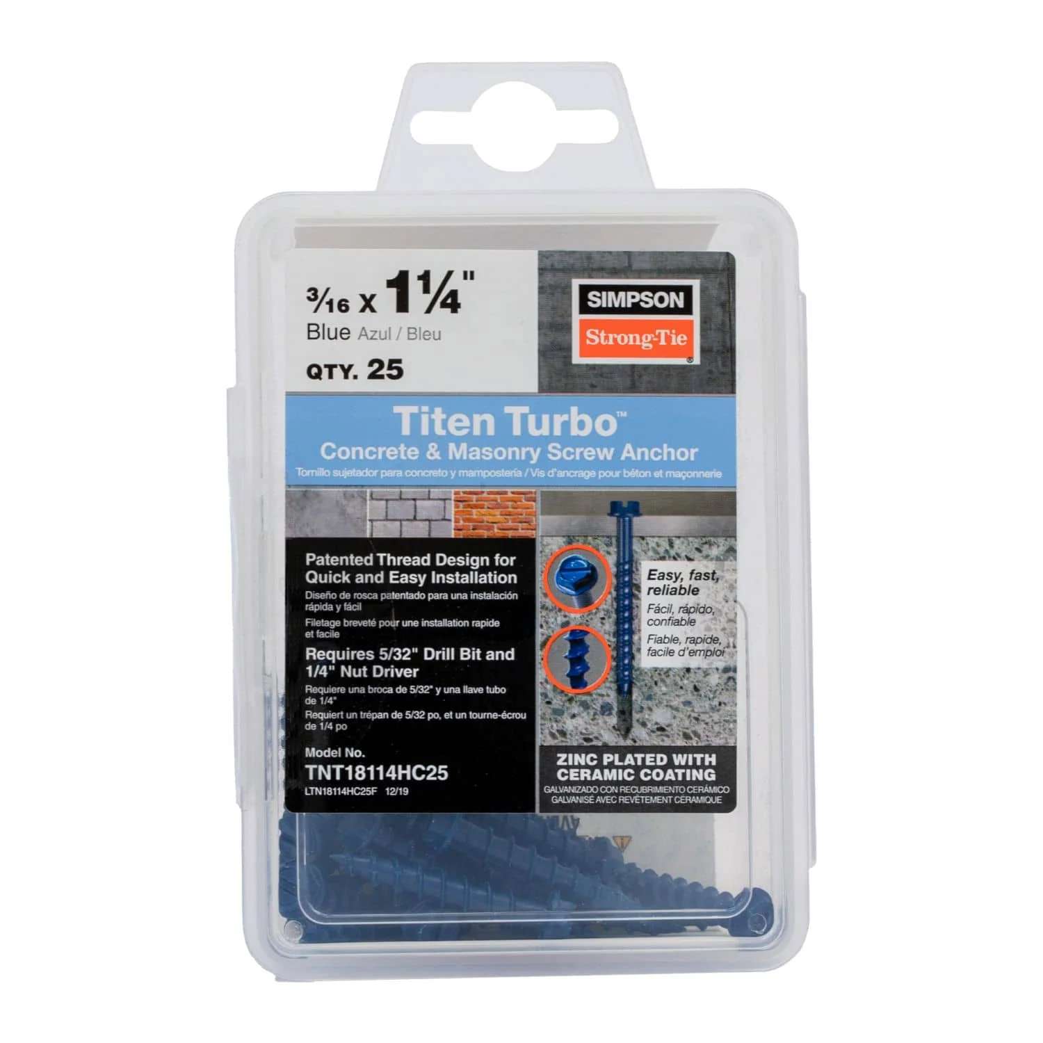 Simpson Strong-Tie TNT18114HC25 Titen Turbo,  3/16-in. x 1-1/4-in. Hex-Head Concrete and Masonry Screw, Blue, 25-Pack - Image 2