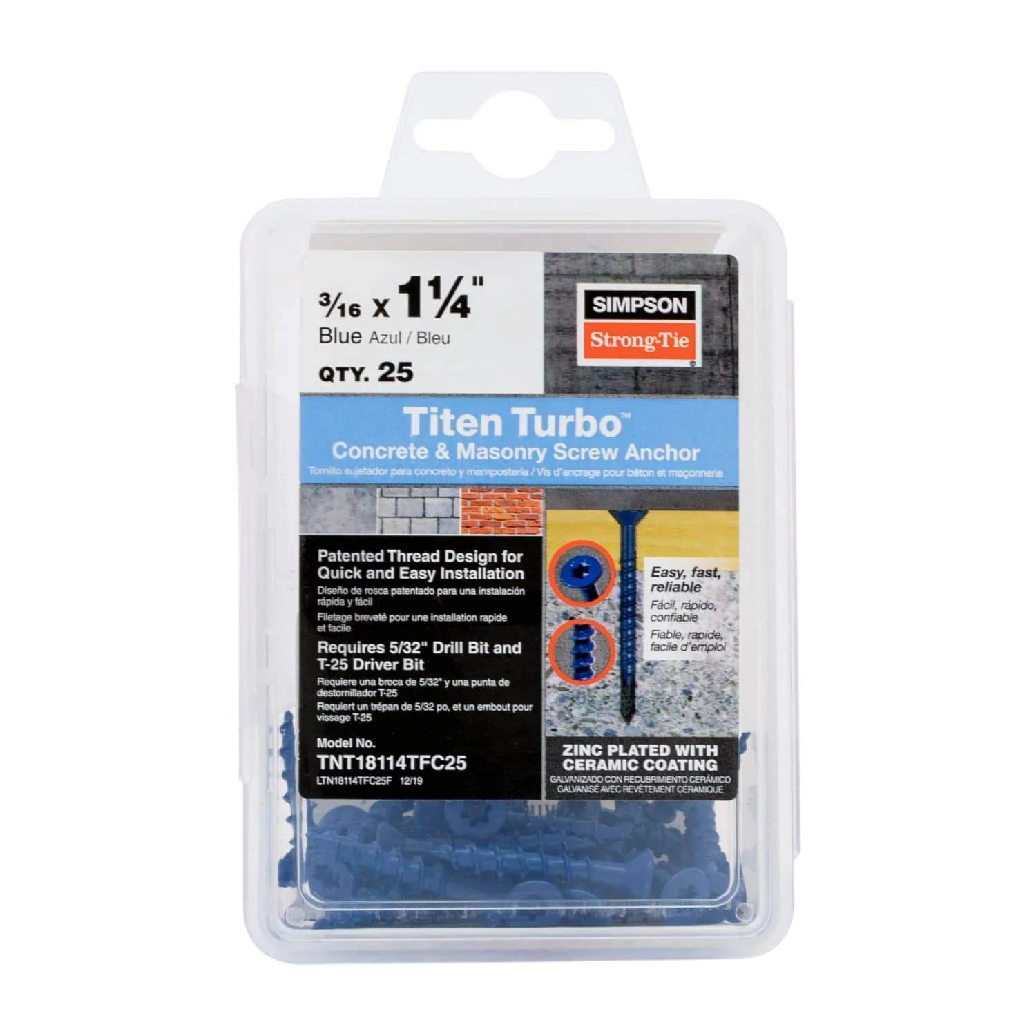 Simpson Strong-Tie TNT18114TFC25 Titen Turbo,  3/16-in. x 1-1/4-in. 6-Lobe Flat-Head Concrete and Masonry Screw, Blue, 25-Pack - Image 2