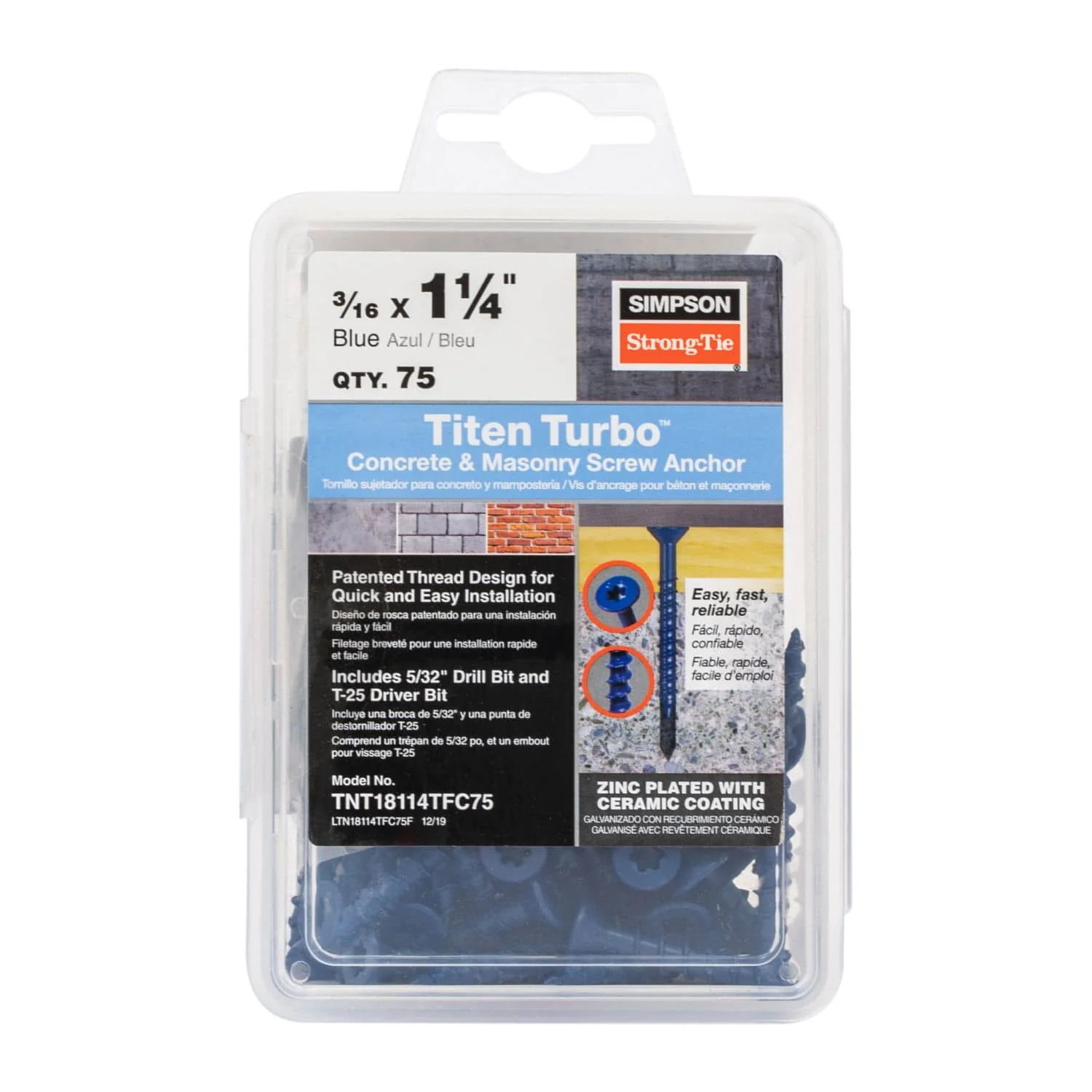 Simpson Strong-Tie TNT18114TFC75 Titen Turbo,  3/16-in. x 1-1/4-in. 6-Lobe Flat-Head Concrete and Masonry Screw, Blue, 75-Pack - Image 2