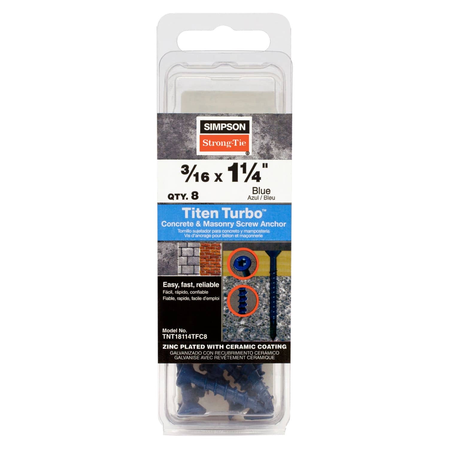 Simpson Strong-Tie TNT18114TFC8 Titen Turbo,  3/16-in. x 1-1/4-in. 6-Lobe Flat-Head Concrete and Masonry Screw, Blue, 8-Pack - Image 2