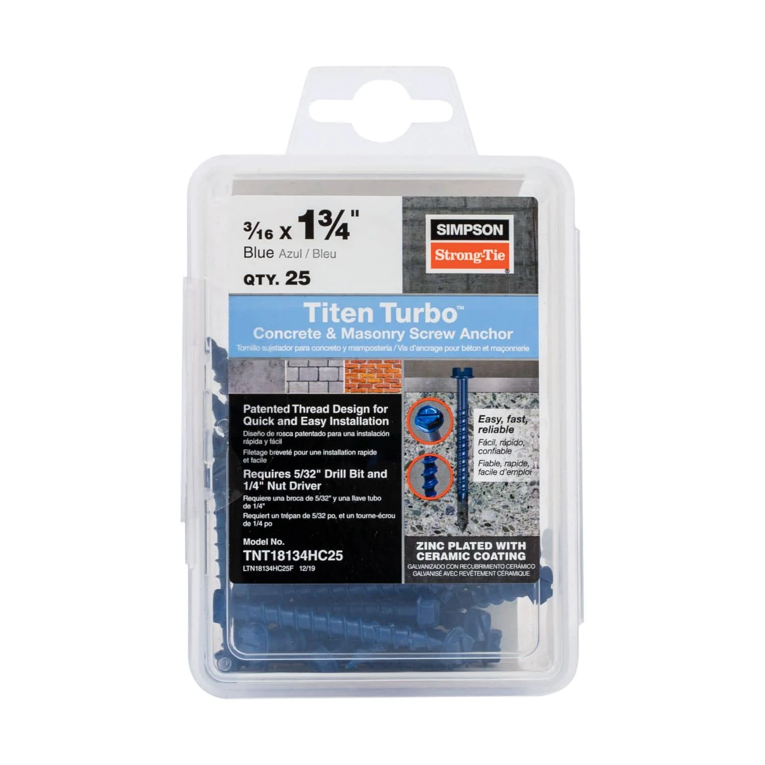 Simpson Strong-Tie TNT18134HC25 Titen Turbo,  3/16-in. x 1-3/4-in. Hex-Head Concrete and Masonry Screw, Blue, 25-Pack - Image 2