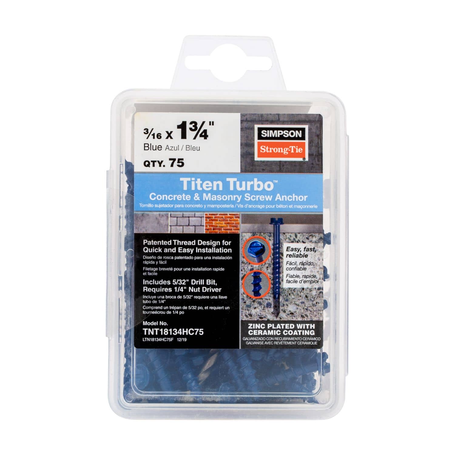 Simpson Strong-Tie TNT18134HC75 Titen Turbo,  3/16-in. x 1-3/4-in. Hex-Head Concrete and Masonry Screw, Blue, 75-Pack - Image 2