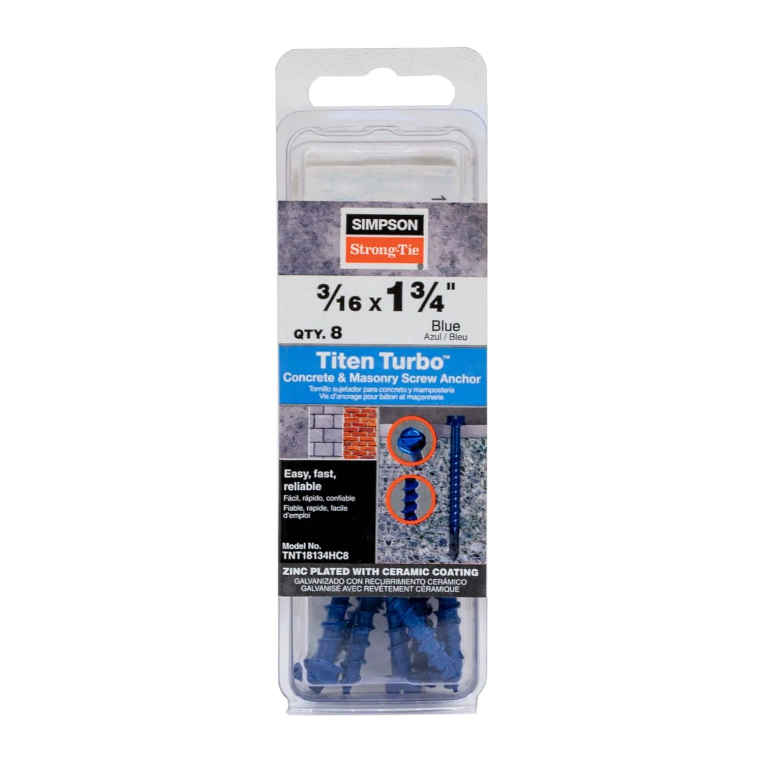Simpson Strong-Tie TNT18134HC8 Titen Turbo,  3/16-in. x 1-3/4-in. Hex-Head Concrete and Masonry Screw, Blue, 8-Pack - Image 2