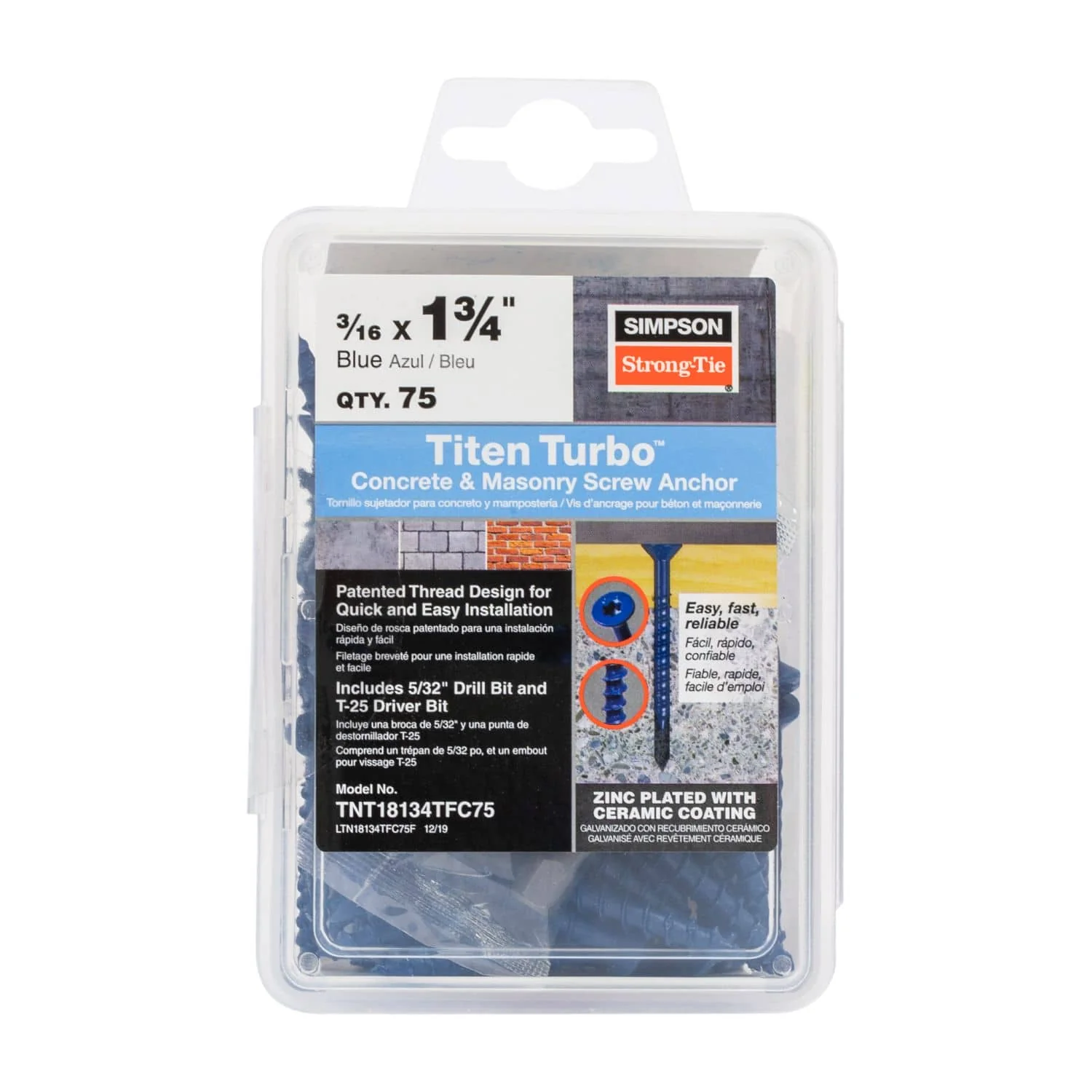 Simpson Strong-Tie TNT18134TFC75 Titen Turbo,  3/16-in. x 1-3/4-in. 6-Lobe Flat-Head Concrete and Masonry Screw, Blue, 75-Pack - Image 2
