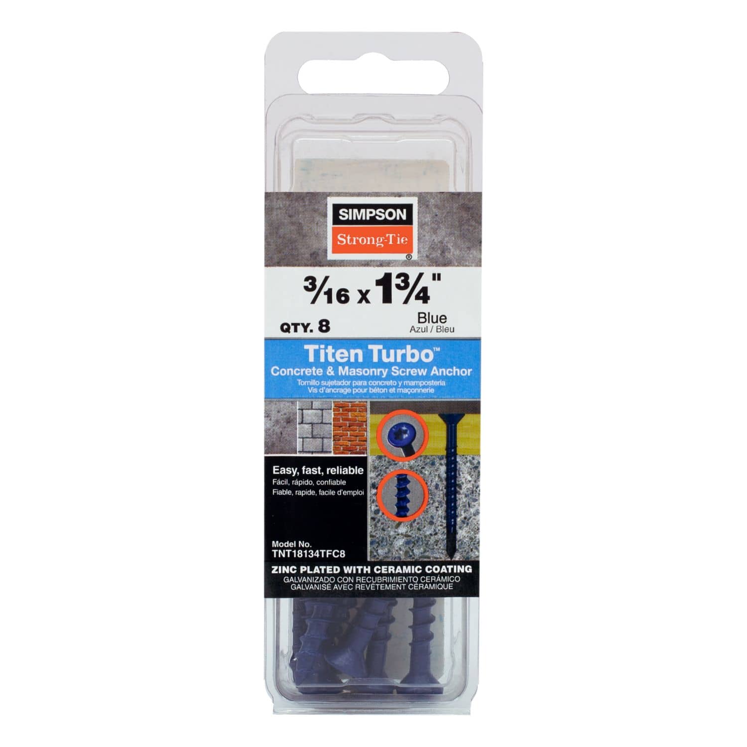 Simpson Strong-Tie TNT18134TFC8 Titen Turbo,  3/16-in. x 1-3/4-in. 6-Lobe Flat-Head Concrete and Masonry Screw, Blue, 8-Pack - Image 2