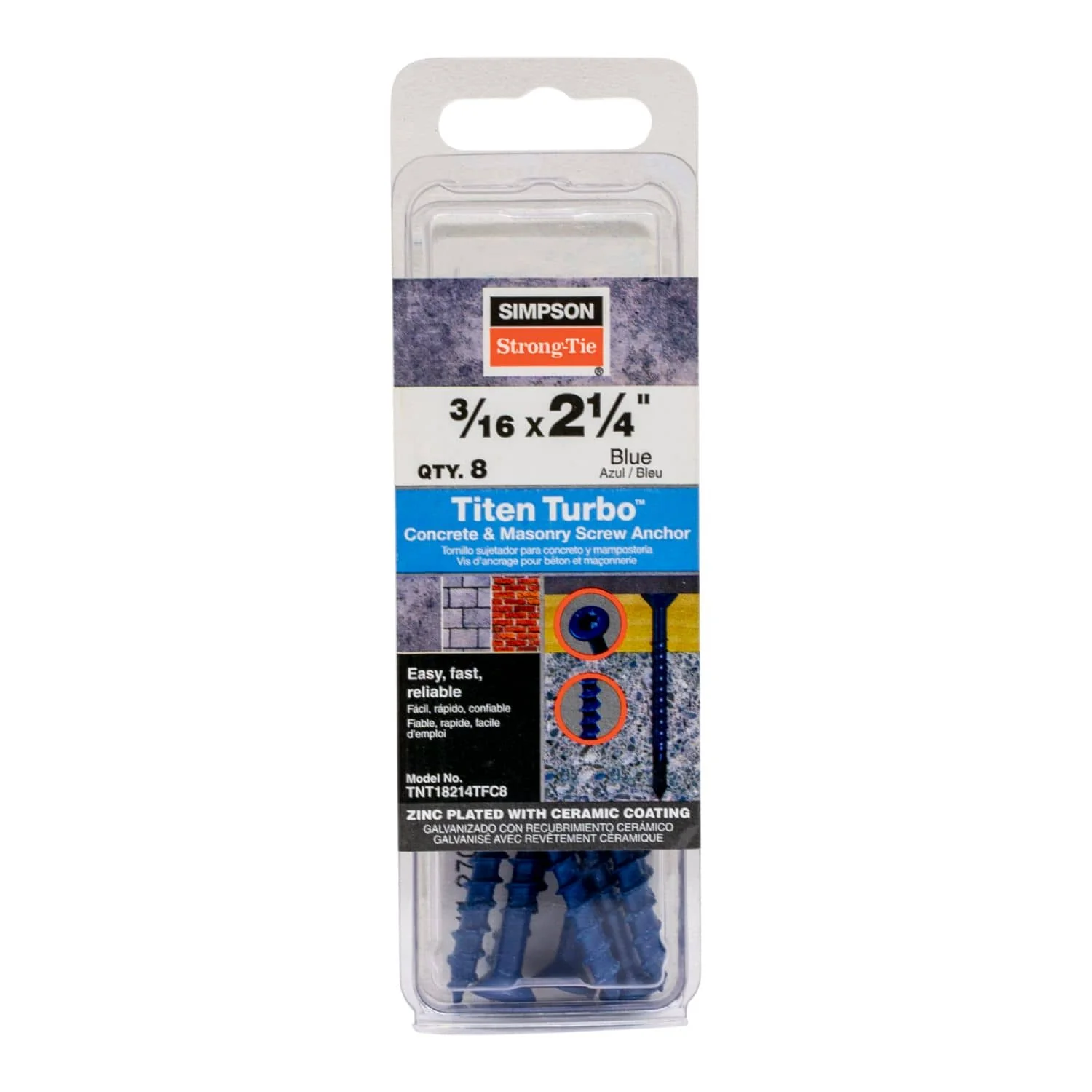 Simpson Strong-Tie TNT18214TFC8 Titen Turbo,  3/16-in. x 2-1/4-in. 6-Lobe Flat-Head Concrete and Masonry Screw, Blue, 8-Pack - Image 2