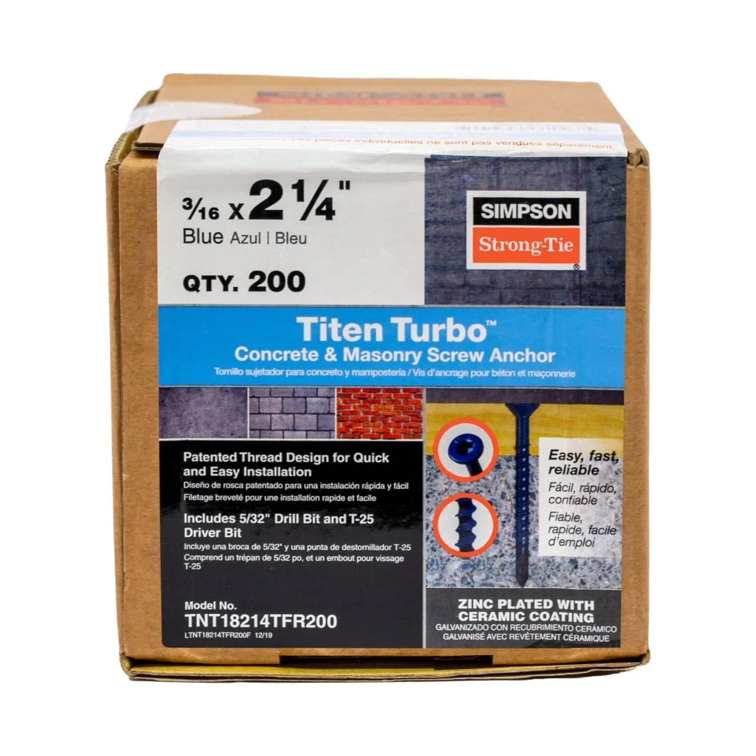 Simpson Strong-Tie TNT18214TFR200 Titen Turbo,  3/16-in. x 2-1/4-in. 6-Lobe Flat-Head Concrete and Masonry Screw, Blue, 200-Pack - Image 2