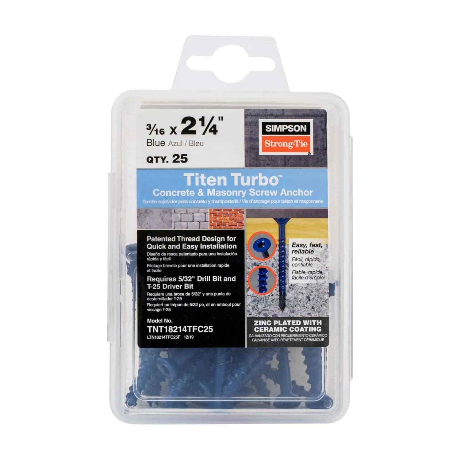 Simpson Strong-Tie TNT18214TF Titen Turbo,  3/16-in. x 2-1/4-in. 6-Lobe Flat-Head Concrete and Masonry Screw, Blue, 100-Pack - Image 2