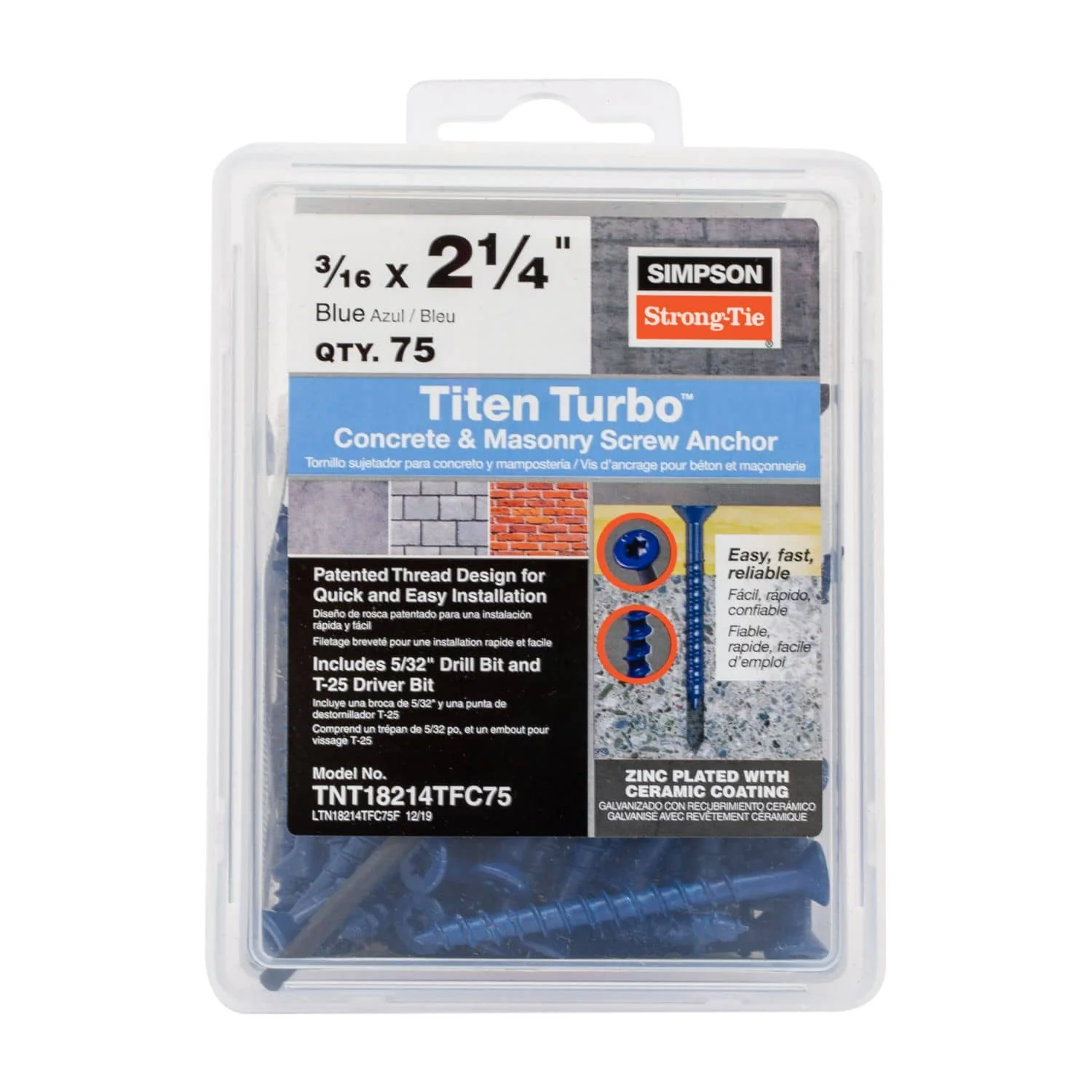 Simpson Strong-Tie TNT18214TF Titen Turbo,  3/16-in. x 2-1/4-in. 6-Lobe Flat-Head Concrete and Masonry Screw, Blue, 100-Pack - Image 3