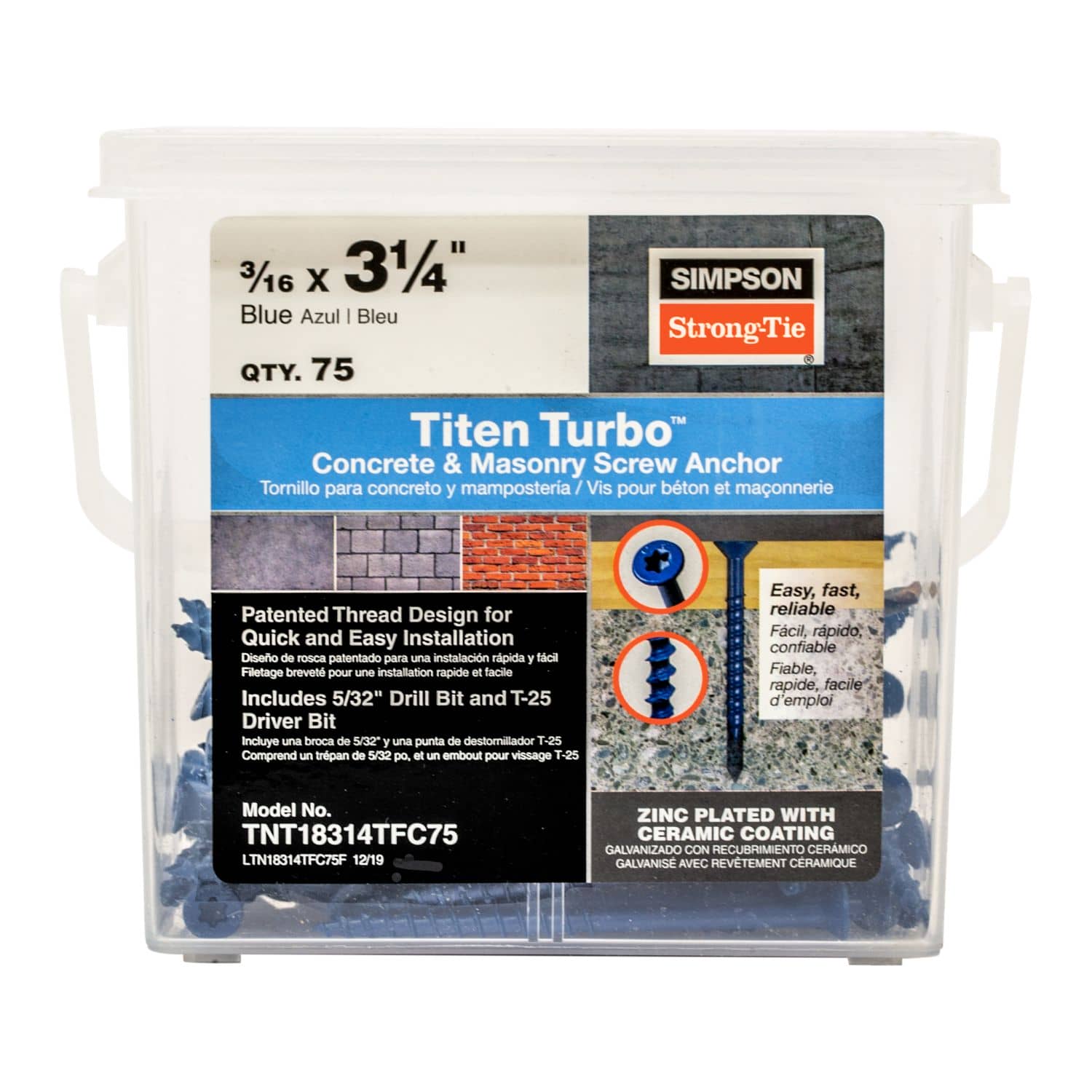 Simpson Strong-Tie TNT18314TFC75 Titen Turbo,  3/16-in. x 3-1/4-in. 6-Lobe Flat-Head Concrete and Masonry Screw, Blue, 75-Pack - Image 2