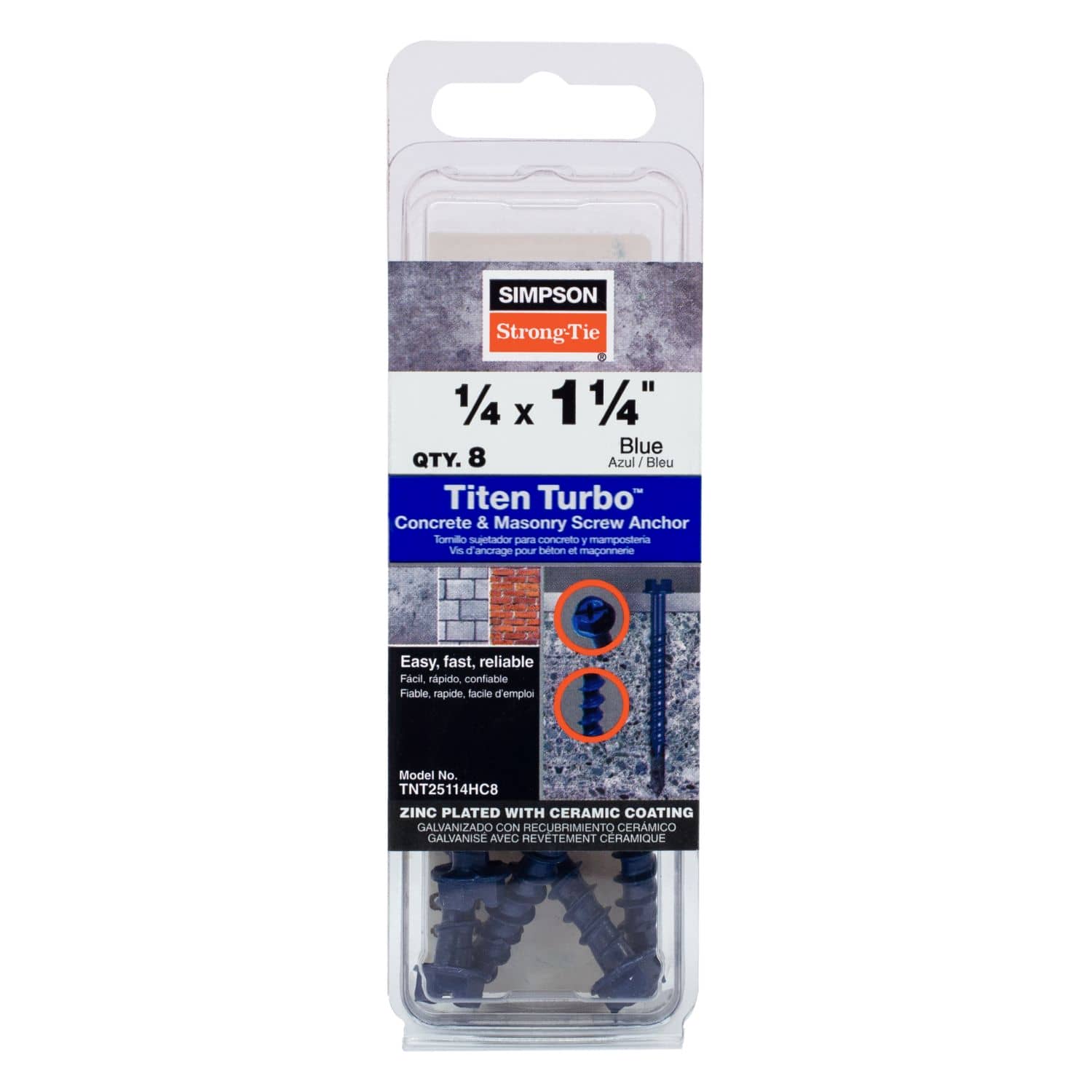 Simpson Strong-Tie TNT25114HC8 Titen Turbo,  1/4-in. x 1-1/4-in. Hex-Head Concrete and Masonry Screw, Blue, 8-Pack - Image 2