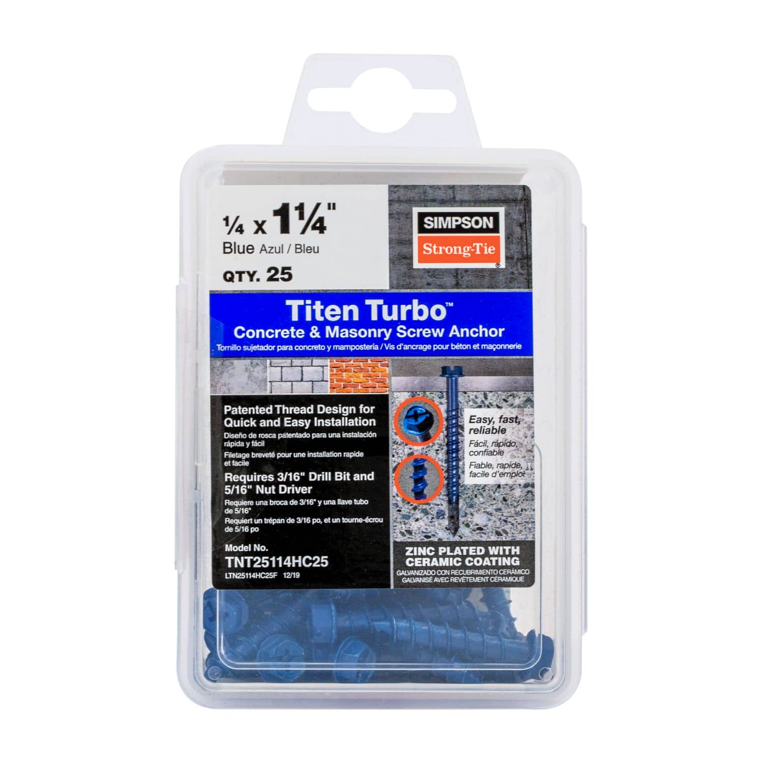 Simpson Strong-Tie TNT25114H Titen Turbo,  1/4-in. x 1-1/4-in. Hex-Head Concrete and Masonry Screw, Blue, 100-Pack - Image 2