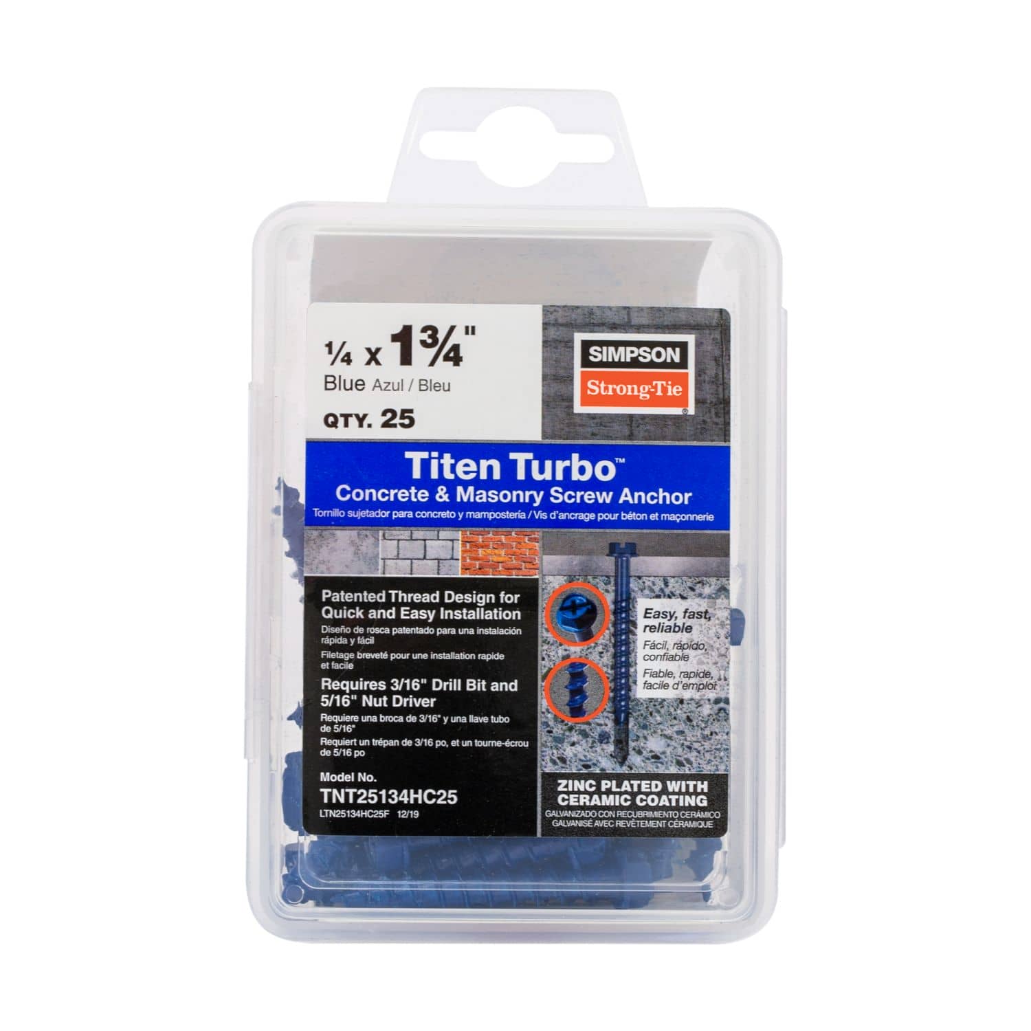 Simpson Strong-Tie TNT25134HC25 Titen Turbo,  1/4-in. x 1-3/4-in. Hex-Head Concrete and Masonry Screw, Blue, 25-Pack - Image 2