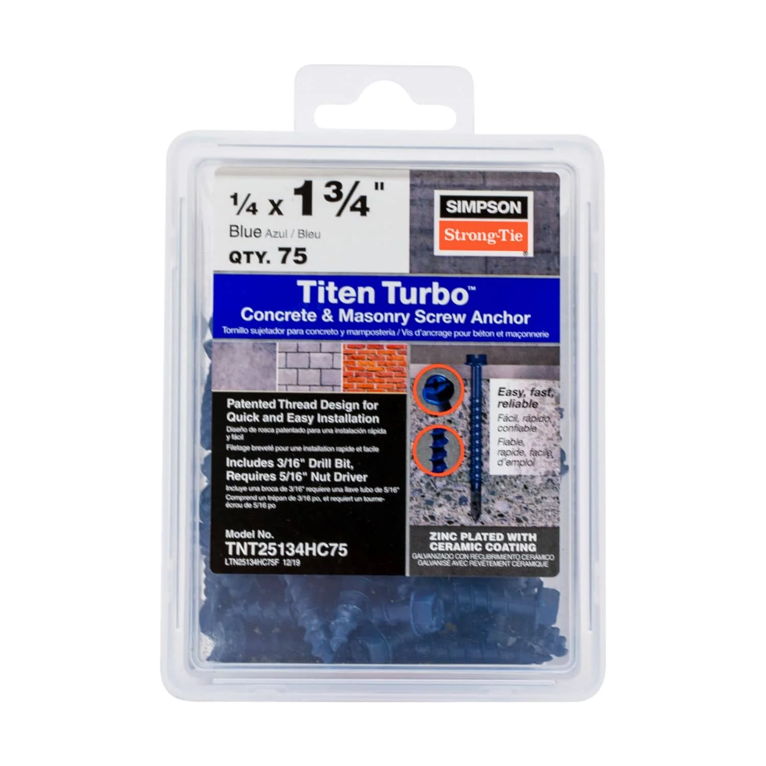 Simpson Strong-Tie TNT25134HC75 Titen Turbo,  1/4-in. x 1-3/4-in. Hex-Head Concrete and Masonry Screw, Blue, 75-Pack - Image 2