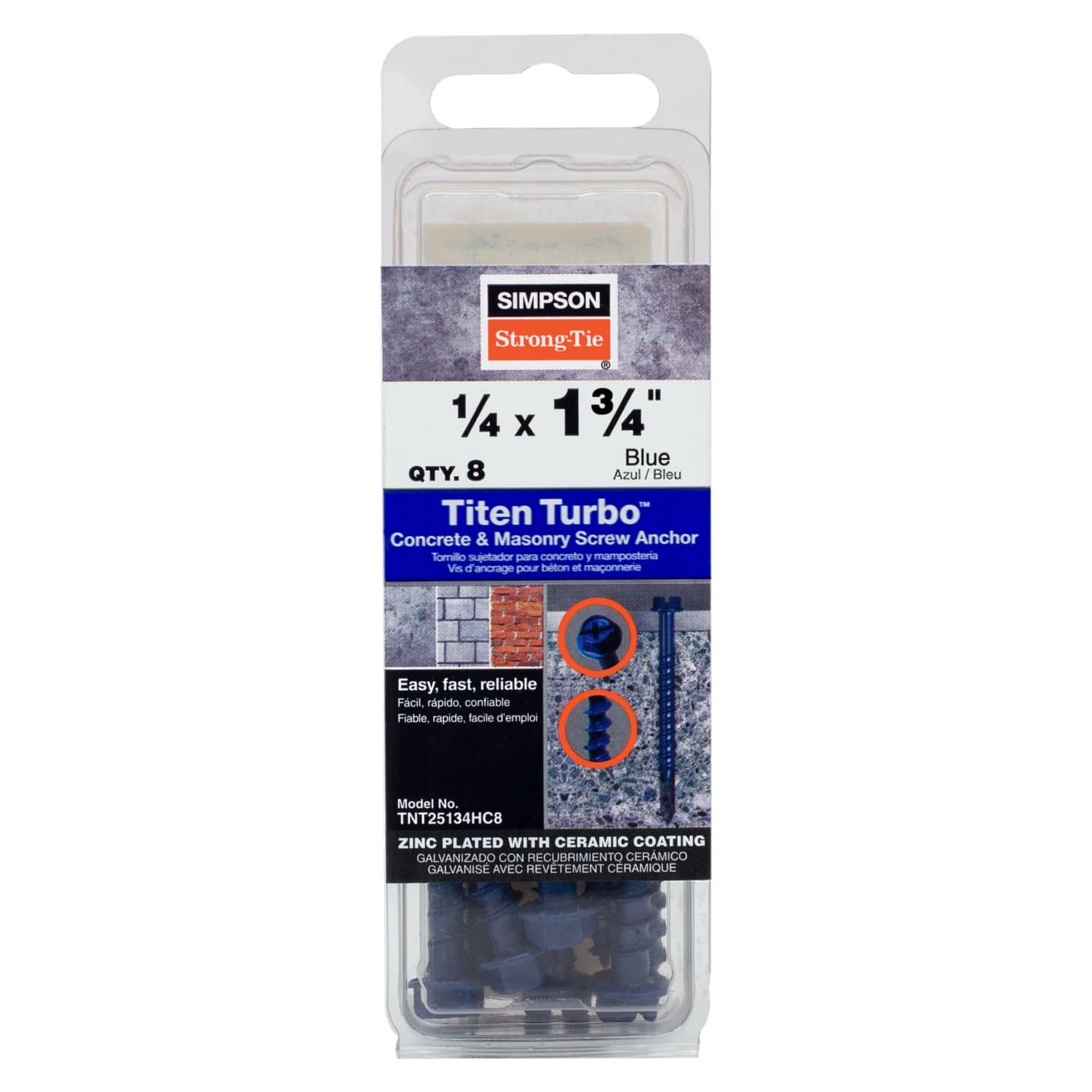 Simpson Strong-Tie TNT25134HC8 Titen Turbo,  1/4-in. x 1-3/4-in. Hex-Head Concrete and Masonry Screw, Blue, 8-Pack - Image 2