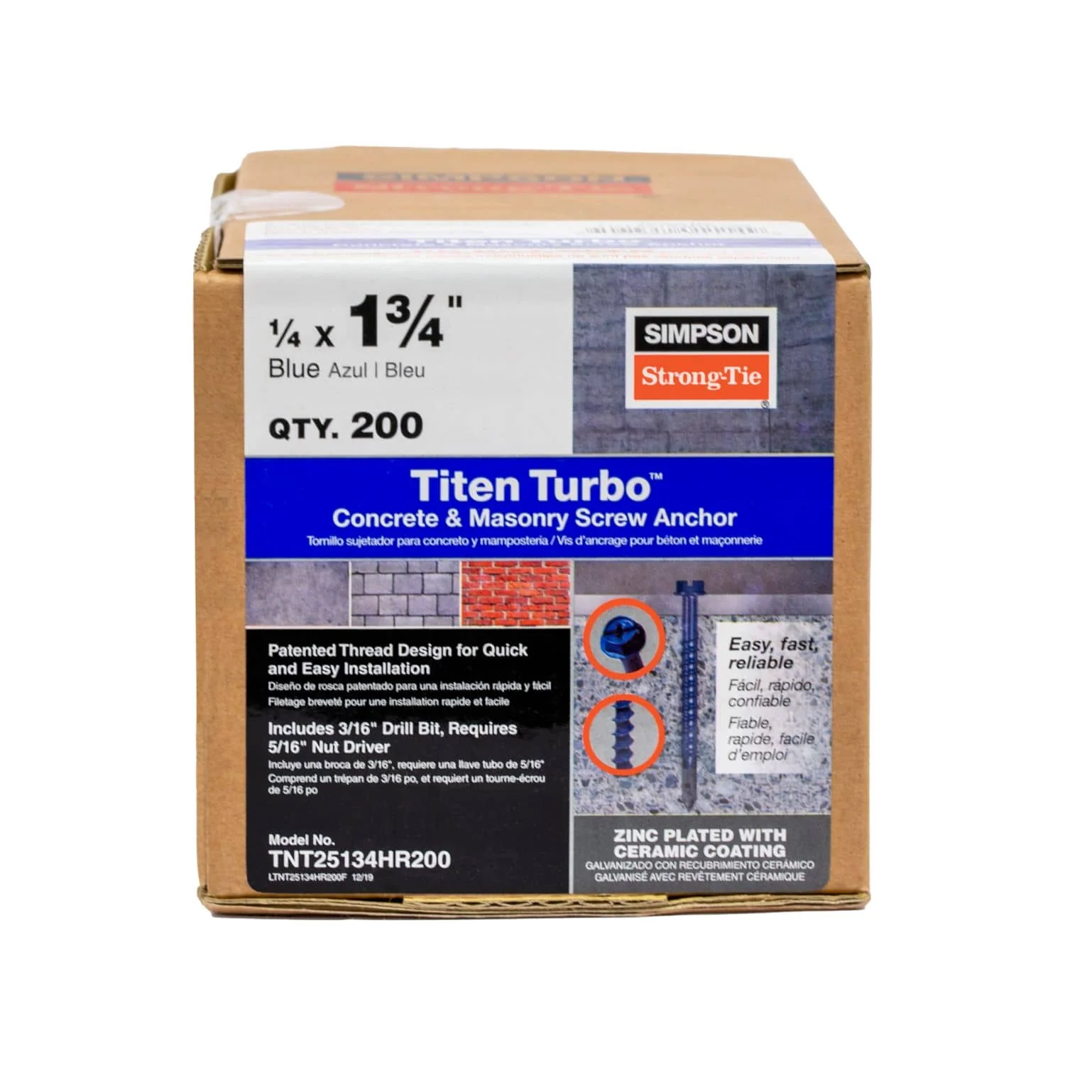 Simpson Strong-Tie TNT25134HR200 Titen Turbo,  1/4-in. x 1-3/4-in. Hex-Head Concrete and Masonry Screw, Blue, 200-Pack - Image 2