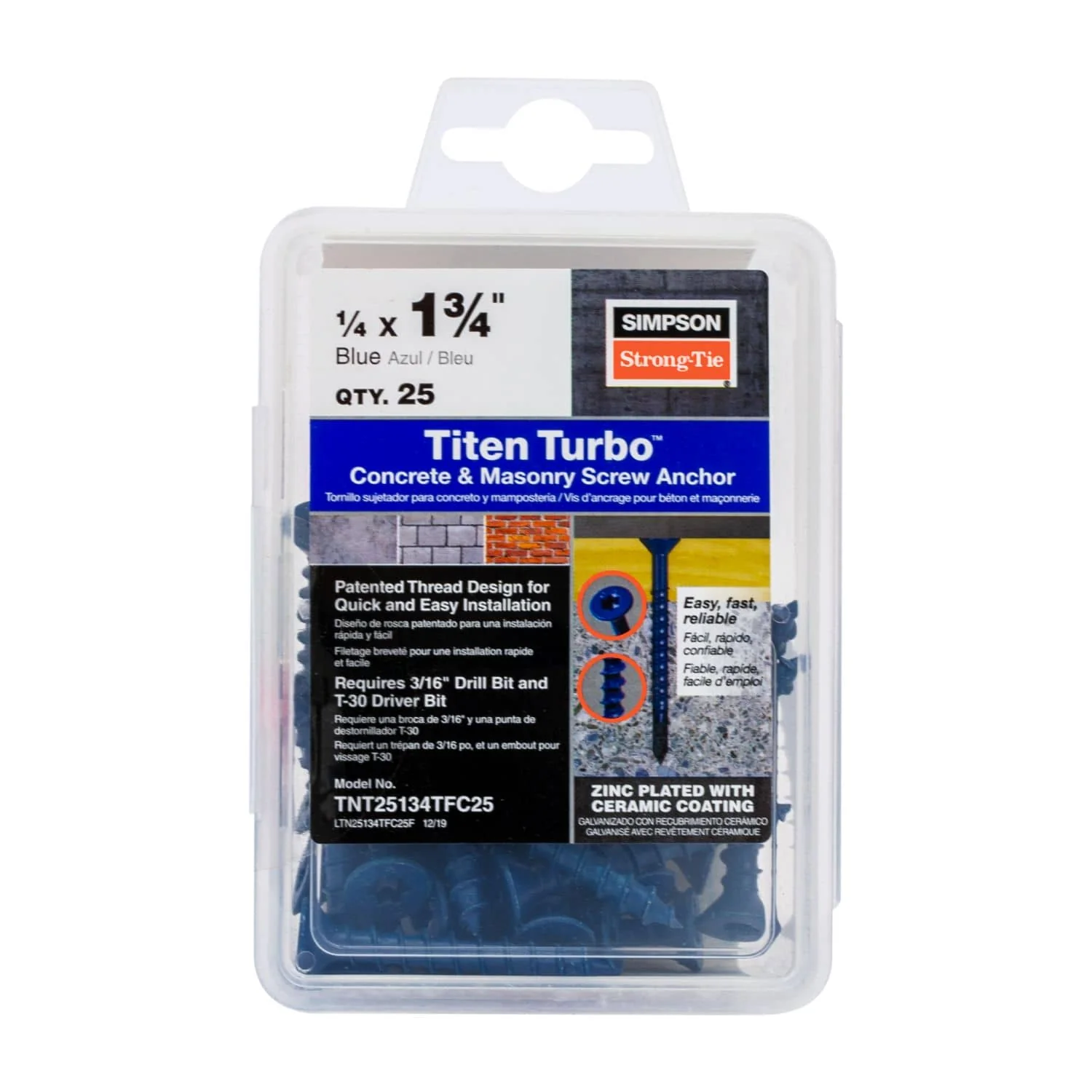 Simpson Strong-Tie TNT25134TFC25 Titen Turbo,  1/4-in. x 1-3/4-in. 6-Lobe Flat-Head Concrete and Masonry Screw, Blue, 25-Pack - Image 2