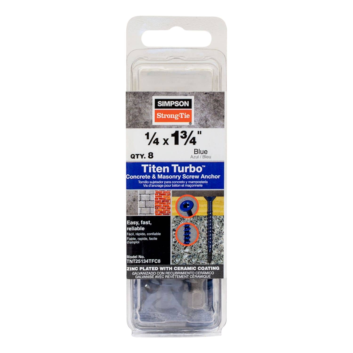 Simpson Strong-Tie TNT25134TFC8 Titen Turbo,  1/4-in. x 1-3/4-in. 6-Lobe Flat-Head Concrete and Masonry Screw, Blue, 8-Pack - Image 2