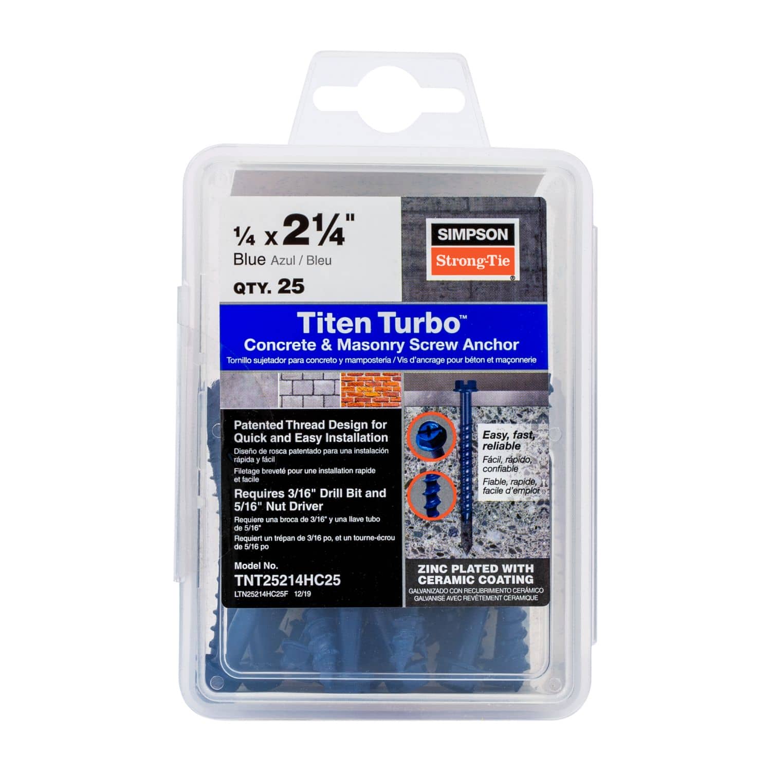 Simpson Strong-Tie TNT25214H Titen Turbo,  1/4-in. x 2-1/4-in. Hex-Head Concrete and Masonry Screw, Blue, 100-Pack - Image 2
