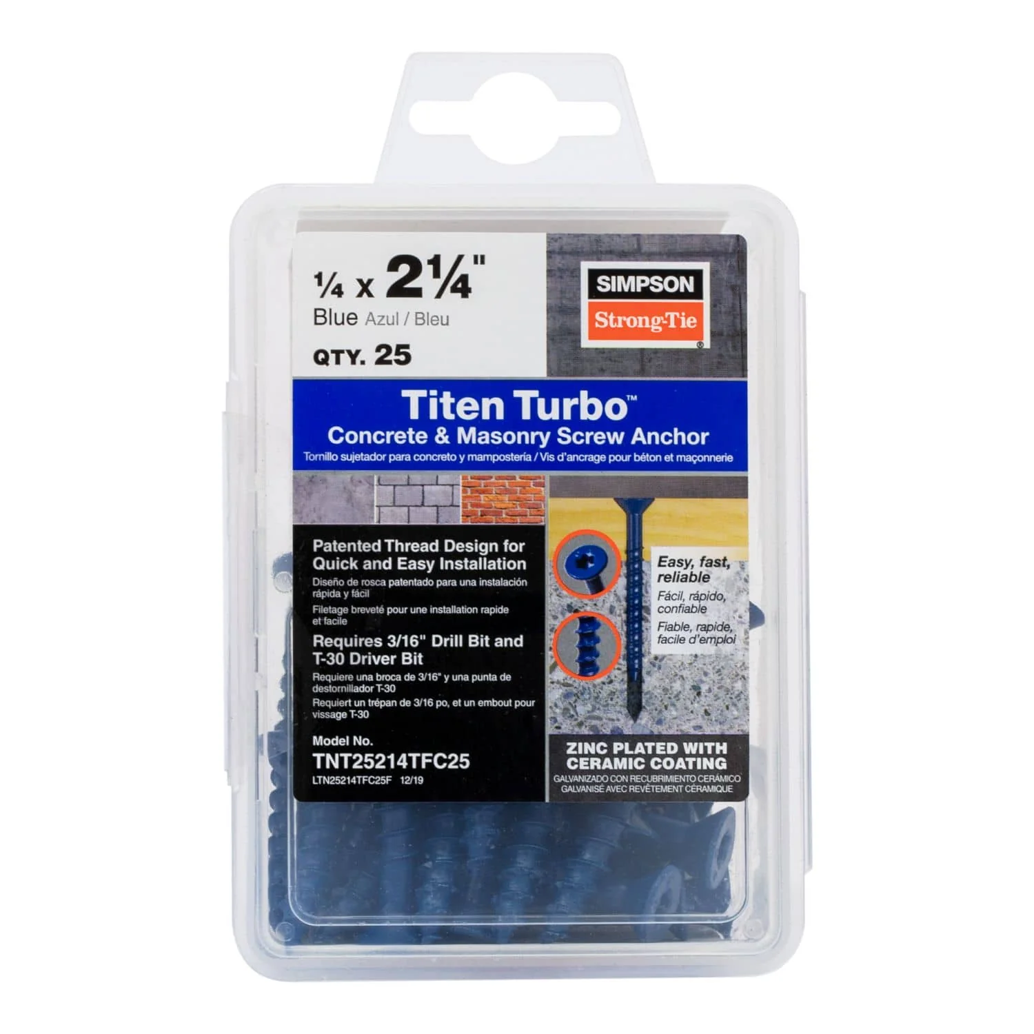 Simpson Strong-Tie TNT25214TF Titen Turbo,  1/4-in. x 2-1/4-in. 6-Lobe Flat-Head Concrete and Masonry Screw, Blue, 100-Pack - Image 2