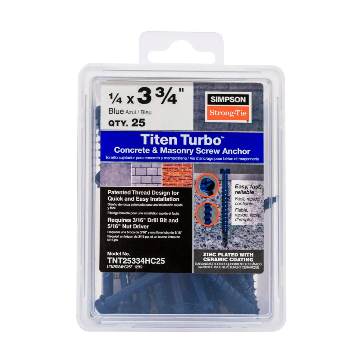 Simpson Strong-Tie TNT25334HC25 Titen Turbo,  1/4-in. x 3-3/4-in. Hex-Head Concrete and Masonry Screw, Blue, 25-Pack - Image 2