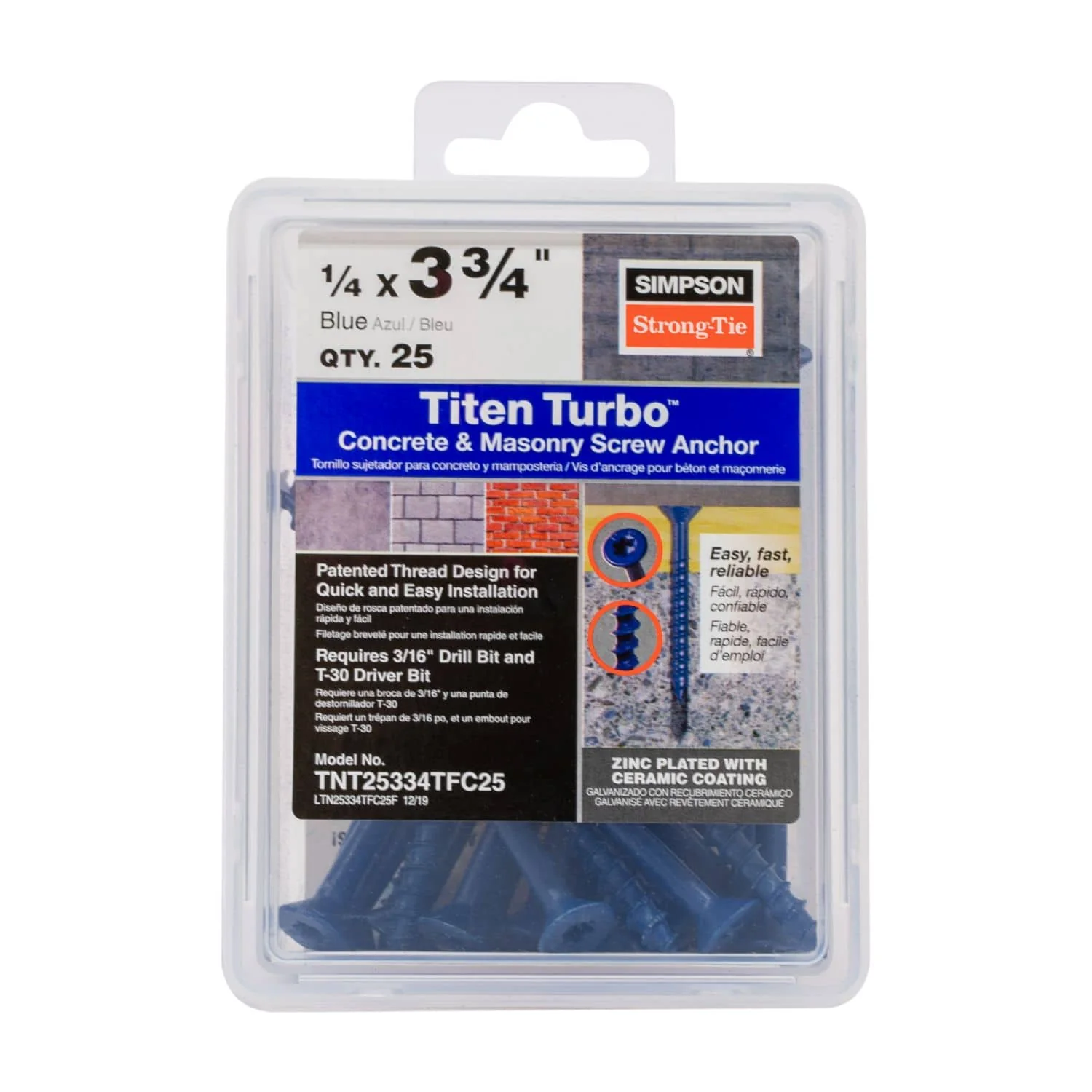 Simpson Strong-Tie TNT25334TFC25 Titen Turbo,  1/4-in. x 3-3/4-in. 6-Lobe Flat-Head Concrete and Masonry Screw, Blue, 25-Pack - Image 2