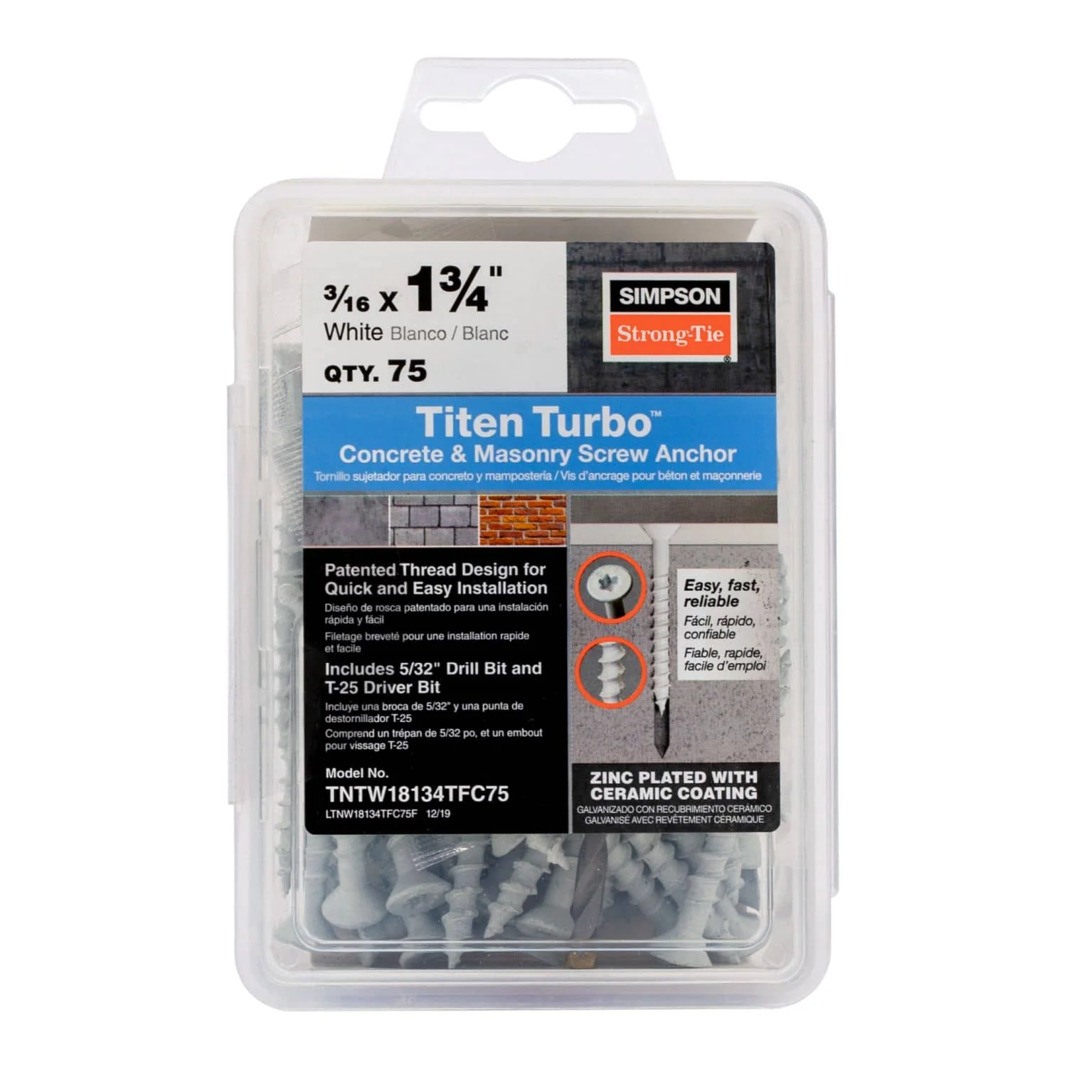 Simpson Strong-Tie TNTW18134TFC75 Titen Turbo,  3/16-in. x 1-3/4-in. 6-Lobe Flat-Head Concrete and Masonry Screw, White, 75-Pack - Image 2