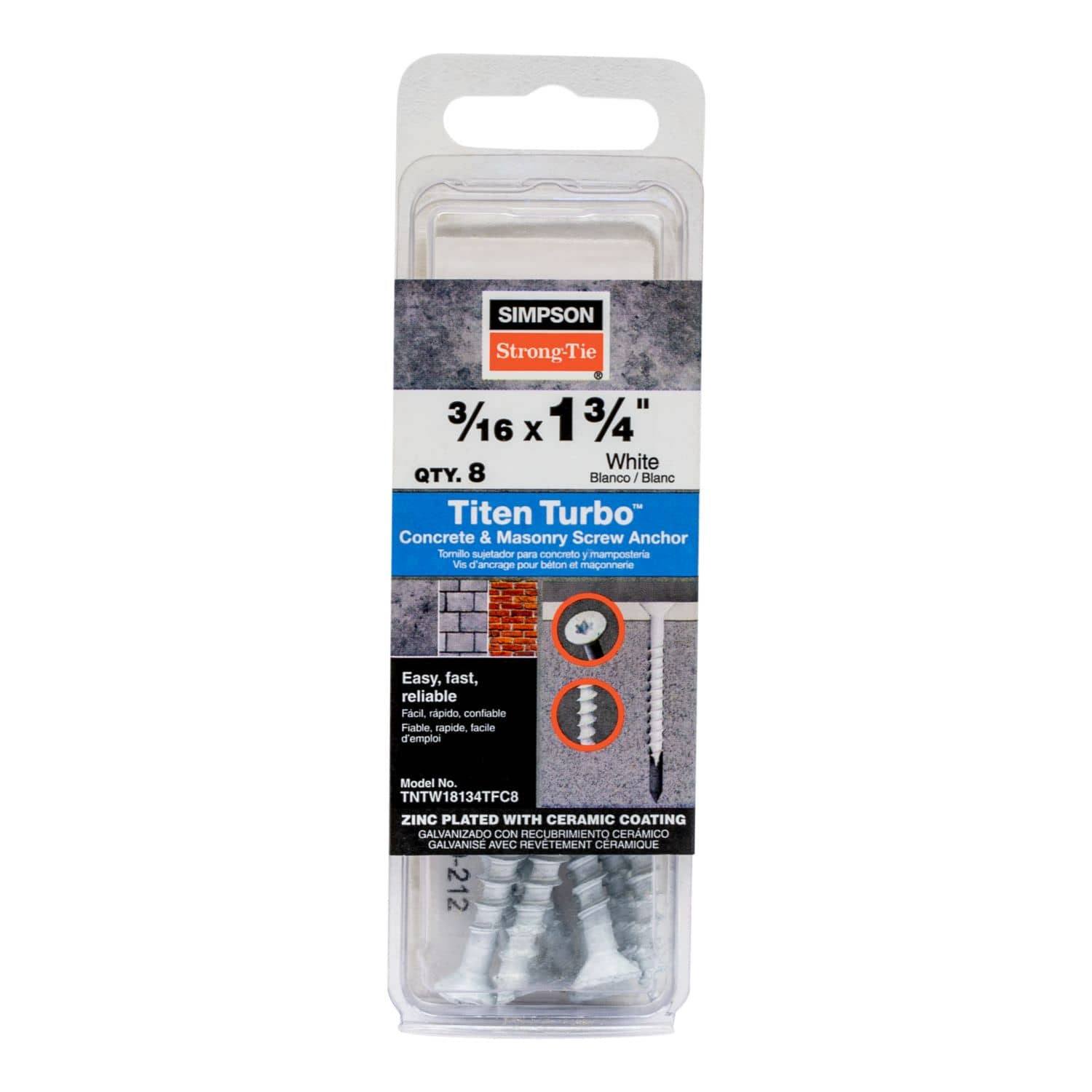 Simpson Strong-Tie TNTW18134TFC8 Titen Turbo,  3/16-in. x 1-3/4-in. 6-Lobe Flat-Head Concrete and Masonry Screw, White, 8-Pack - Image 2