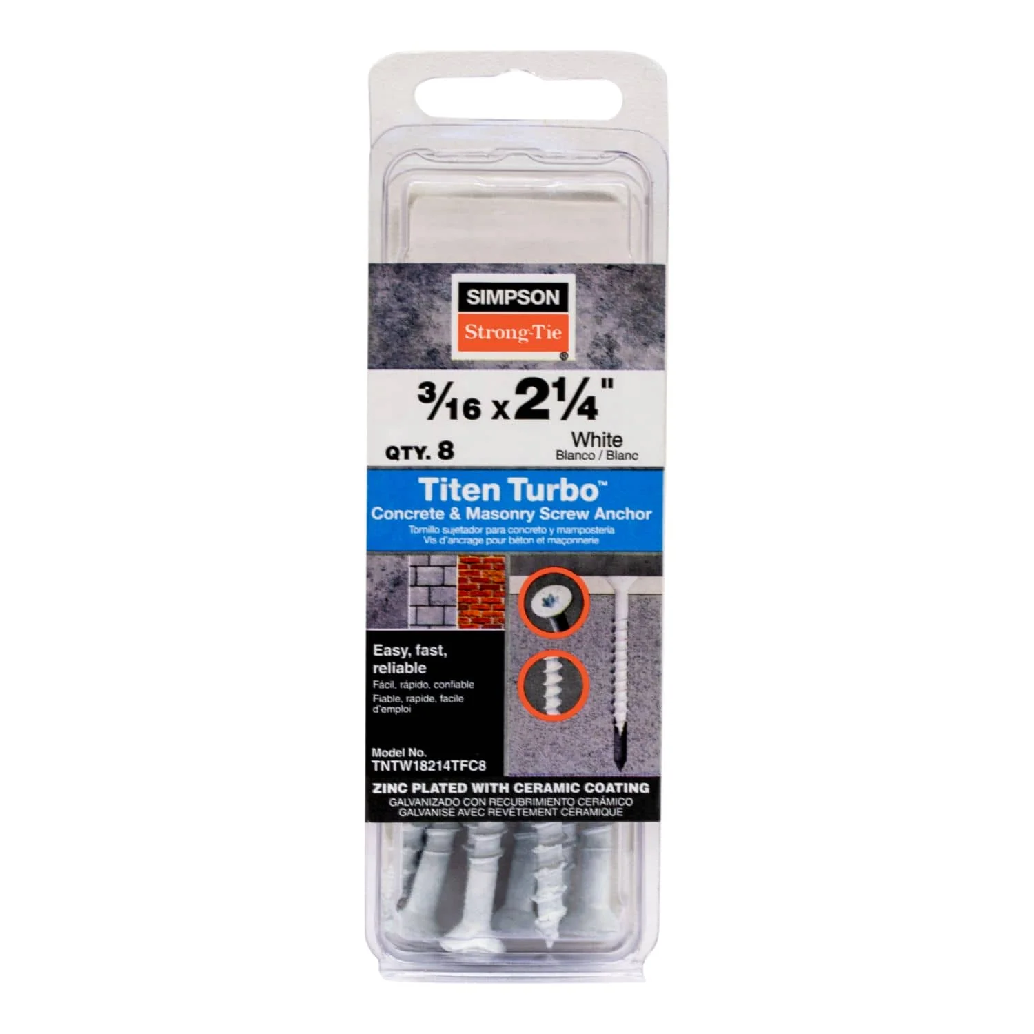 Simpson Strong-Tie TNTW18214TFC8 Titen Turbo,  3/16-in. x 2-1/4-in. 6-Lobe Flat-Head Concrete and Masonry Screw, White, 8-Pack - Image 2