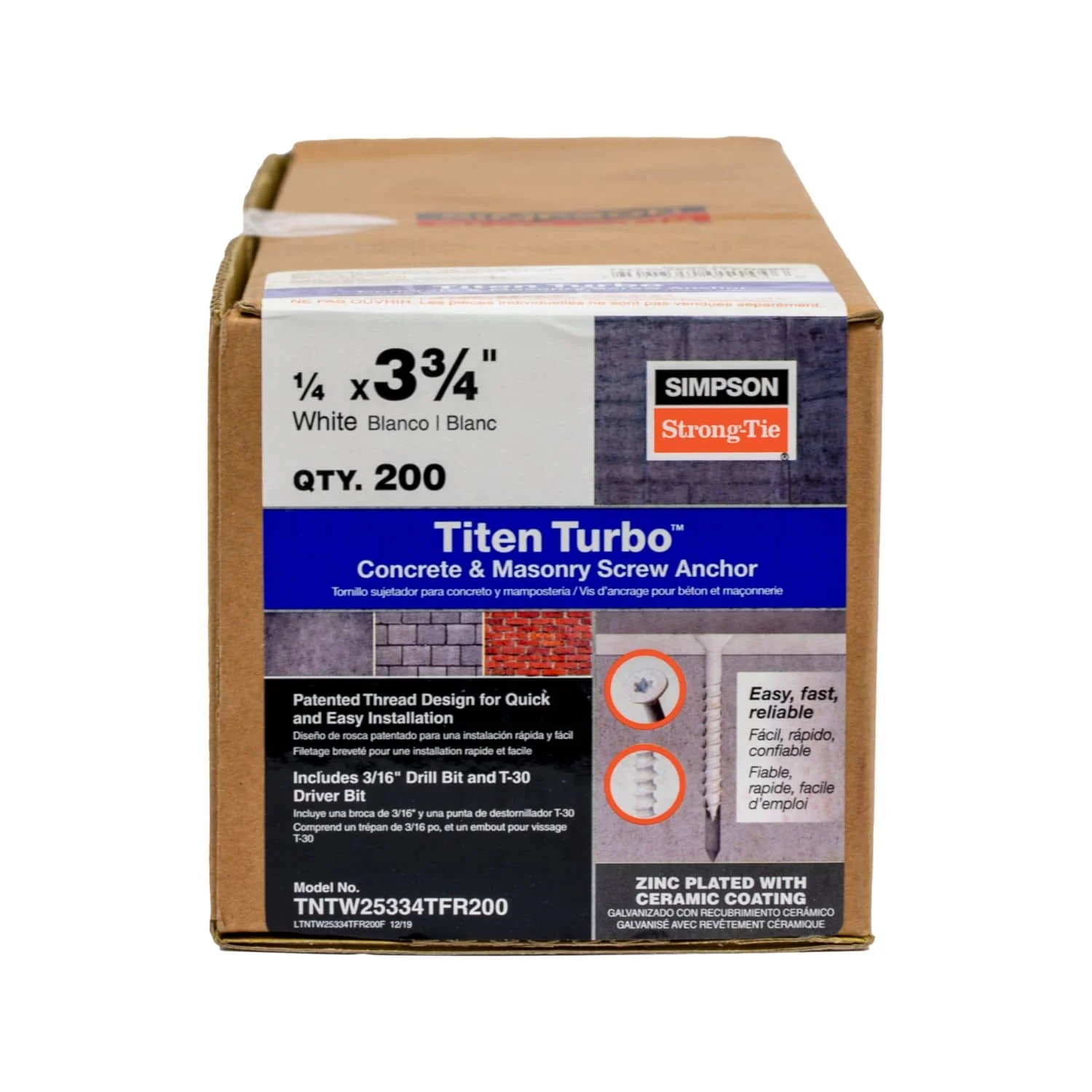 Simpson Strong-Tie TNTW25334TFR200 Titen Turbo,  1/4-in. x 3-3/4-in. 6-Lobe Flat-Head Concrete and Masonry Screw, White, 200-Pack - Image 2
