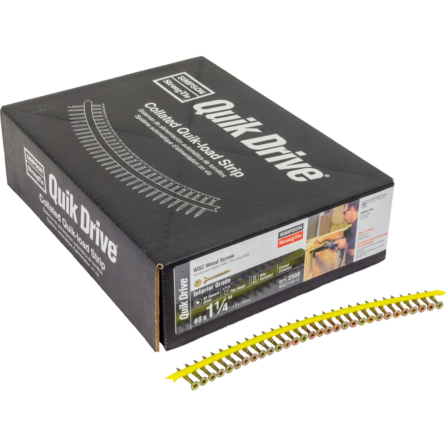 Simpson Strong-Tie WSC114S-17 WSC Wood Screw (Collated),  #8 x 1-1/4-in. #2 Square, Flat Head, Yellow Zinc, 2500-Pack - Image 2