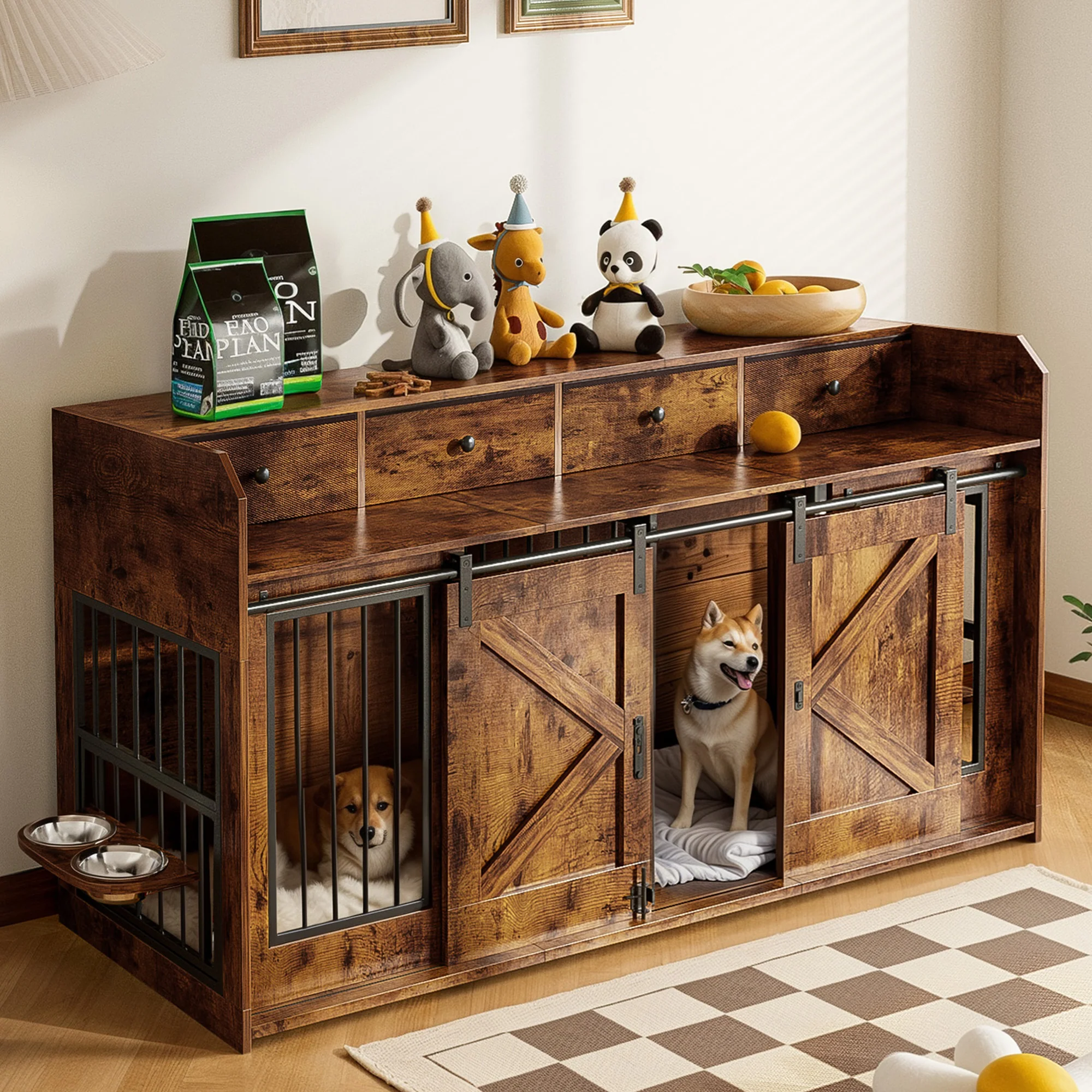 Advwin 63" Double Dog Crate w/Drawers Sliding Doors - Image 1
