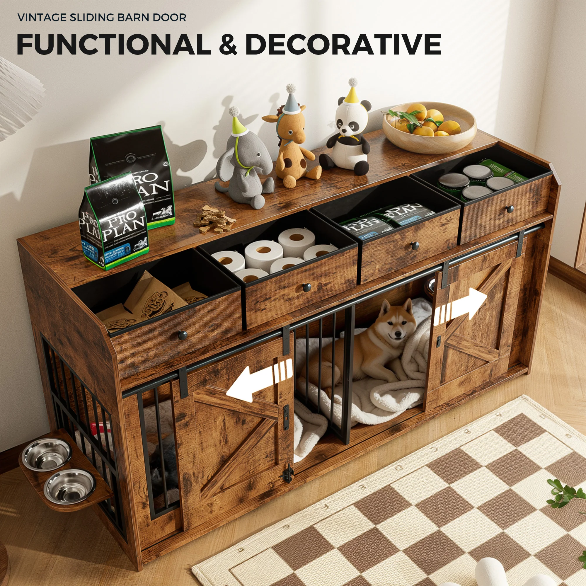 Advwin 63" Double Dog Crate w/Drawers Sliding Doors - Image 2