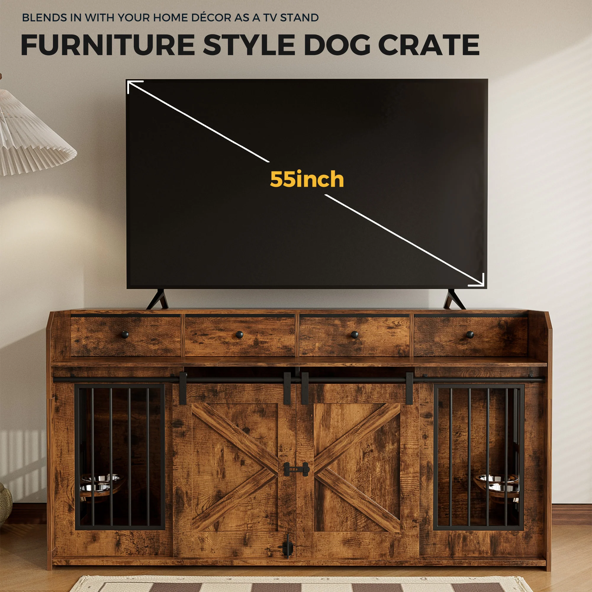 Advwin 63" Double Dog Crate w/Drawers Sliding Doors - Image 3