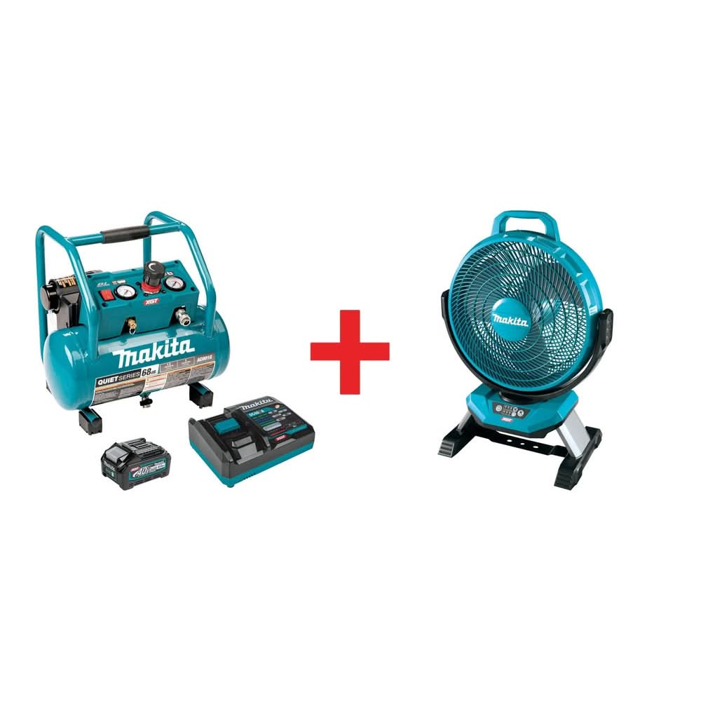 Makita 40V max XGT Brushless 2 Gal. Quiet Series Compressor Kit w/ 40V max XGT 13" Fan - Image 1