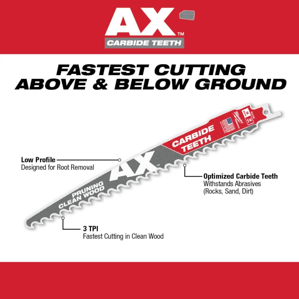 Milwaukee 48-00-5331 6-Inch 3-TPI The AX with Carbide Teeth for Pruning & Clean Wood SAWZALL Reciprocating Saw Blade, 3-Pack - Image 3