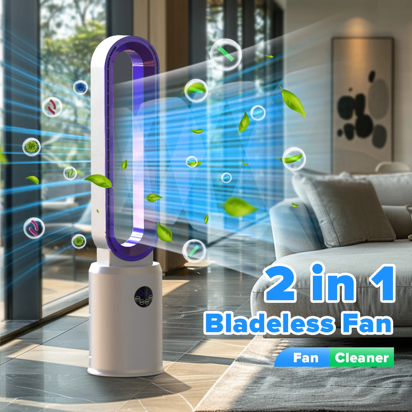 Advwin Bladeless Tower Fan Portable Electric Grey/Purple - Image 2