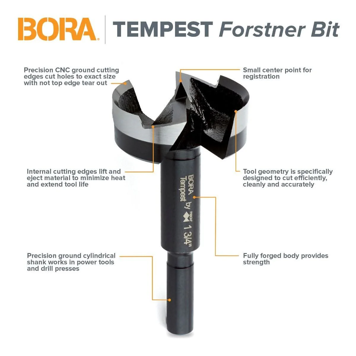 Bora BFB-009805 Tempest Forstner Bit 1-3/4" Dia x 3/8"S x 3-1/2" OAL - Image 2
