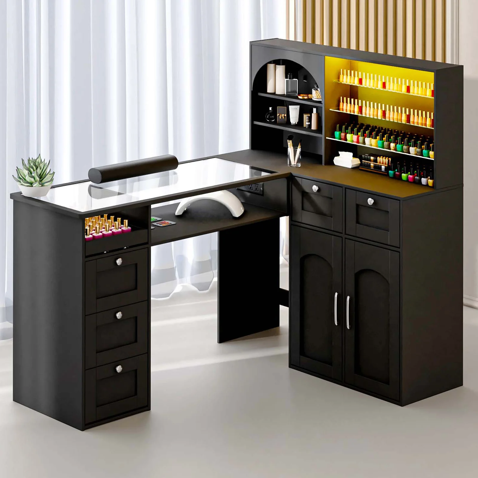 Advwin Nail Table w/LED Display Shelf Glass Table Top - Image 2