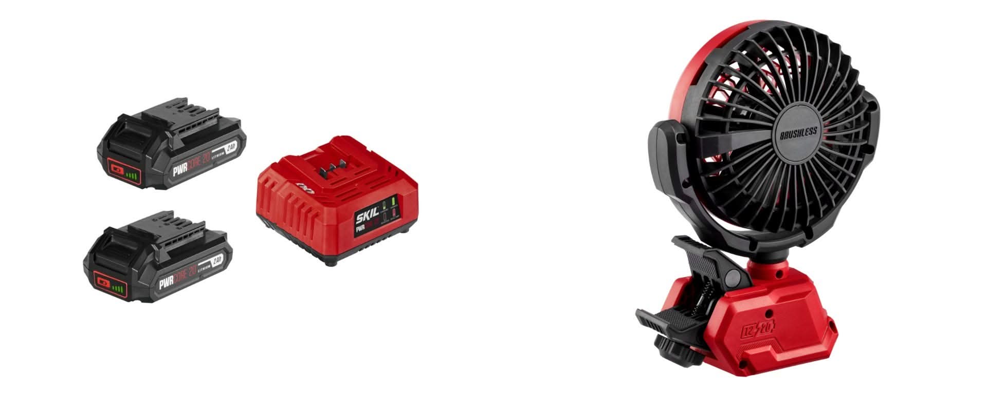 SKIL MULTIVOLT Brushless 4 Inch Clamp Fan with PWR CORE 20 2X2.0Ah Battery and Charger Starter Kit