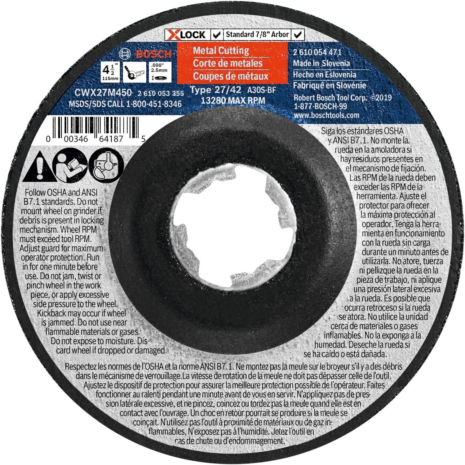 Bosch CWX27M450 X-Lock Metal Cutting T27 4-1/2 x .098″ Wheel