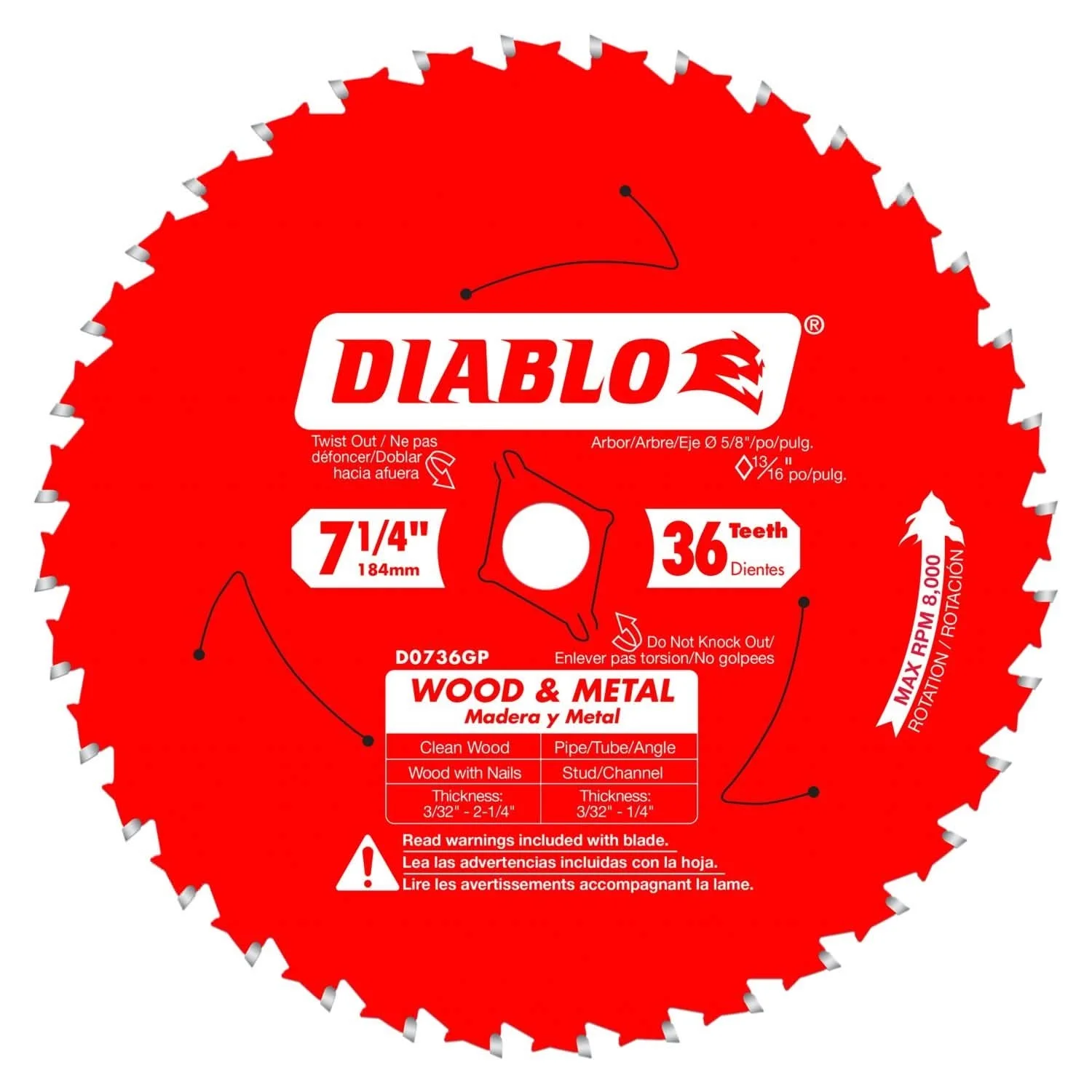 Diablo D0736GPX 7-1/4 in. x 36 Tooth Wood & Metal Carbide Saw Blade