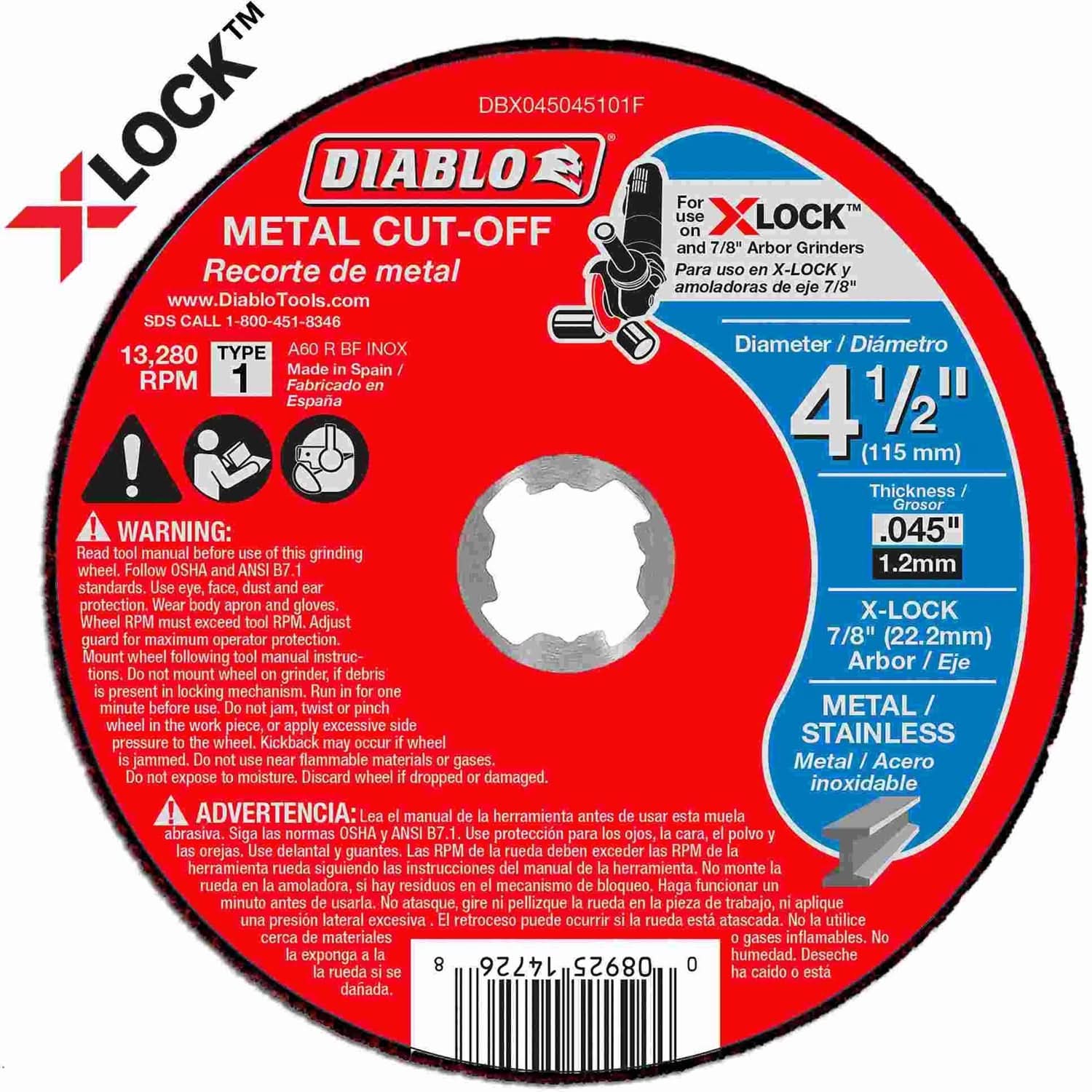 Diablo DBX045045101F 4-1/2 Inch Thin Kerf Metal Cut-Off Disc for X-Lock and All Grinders - Image 1
