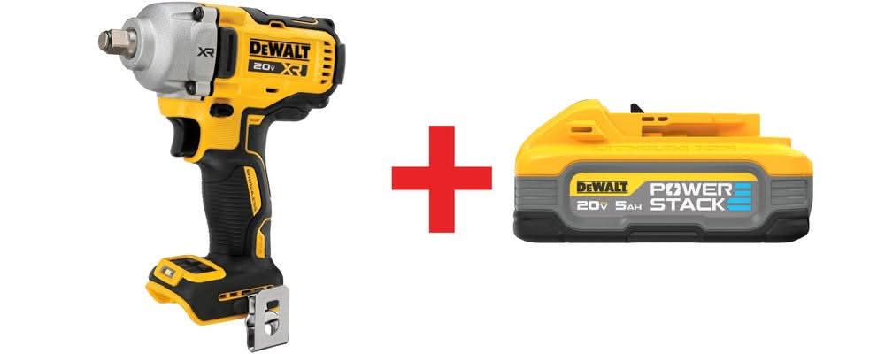 DeWalt 20V MAX XR 1/2″ Mid-Range Impact Wrench w/ Hog Ring Anvil with 20V MAX POWERSTACK 5.0Ah Battery