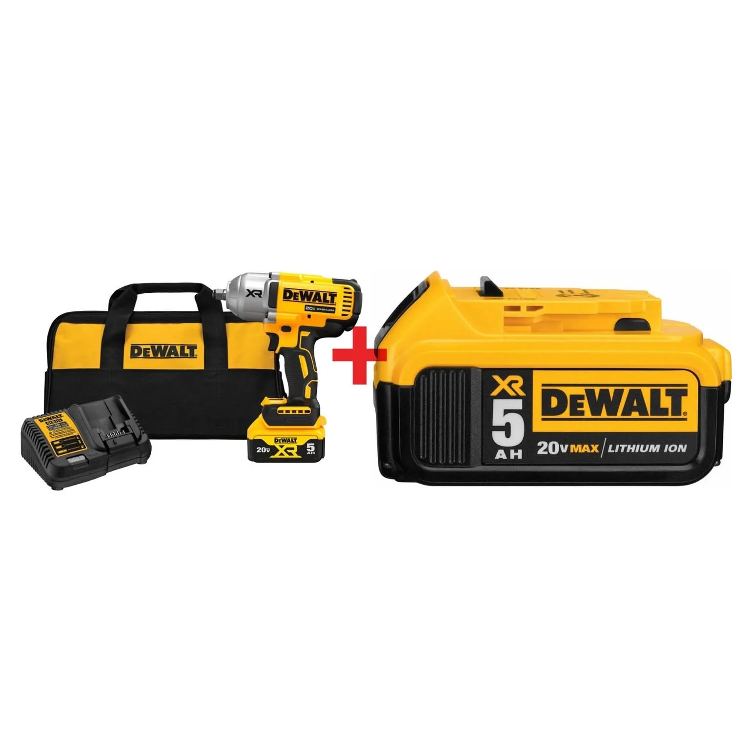 DeWalt 20V MAX XR 1/2″ High Torque Impact Wrench 5.0Ah Kit plus 20V MAX 5.0Ah Battery