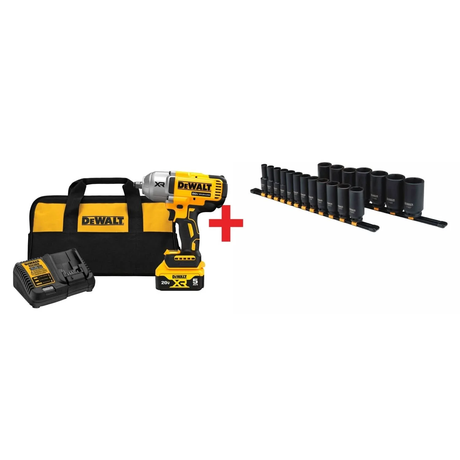 DeWalt 20V MAX XR 1/2″ High Torque Impact Wrench 5.0Ah Kit plus 19-Piece 1/2-in Drive Deep 6PT Impact Socket Set