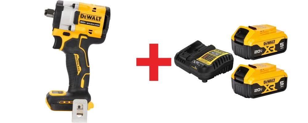 DeWalt ATOMIC 20V MAX* 1/2″ Impact Wrench with Hog Ring Anvil with 20V MAX XR 5.0Ah Battery & Charger Starter Kit