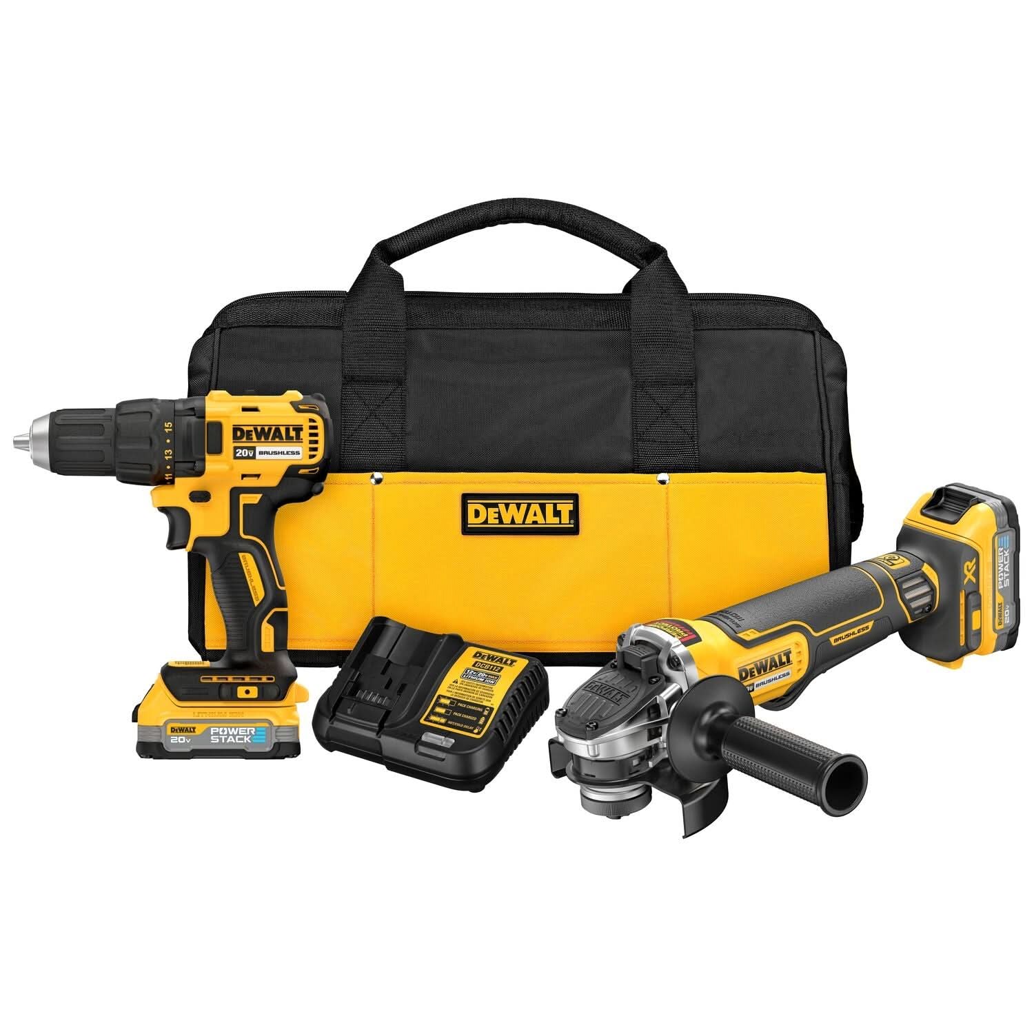 DeWalt DCK231E2 20V MAX Compact Drill Driver & Small Angle Grinder POWERSTACK 1.7Ah Kit - Image 1