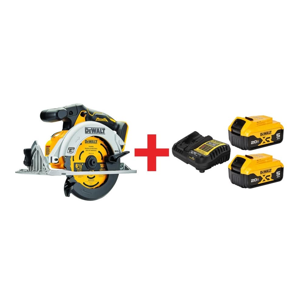 DeWalt 20V MAX 6-1/2″ Brushless Circular Saw with DeWalt DCB205-2C 20V MAX XR 5.0Ah Battery & Charger Starter Kit
